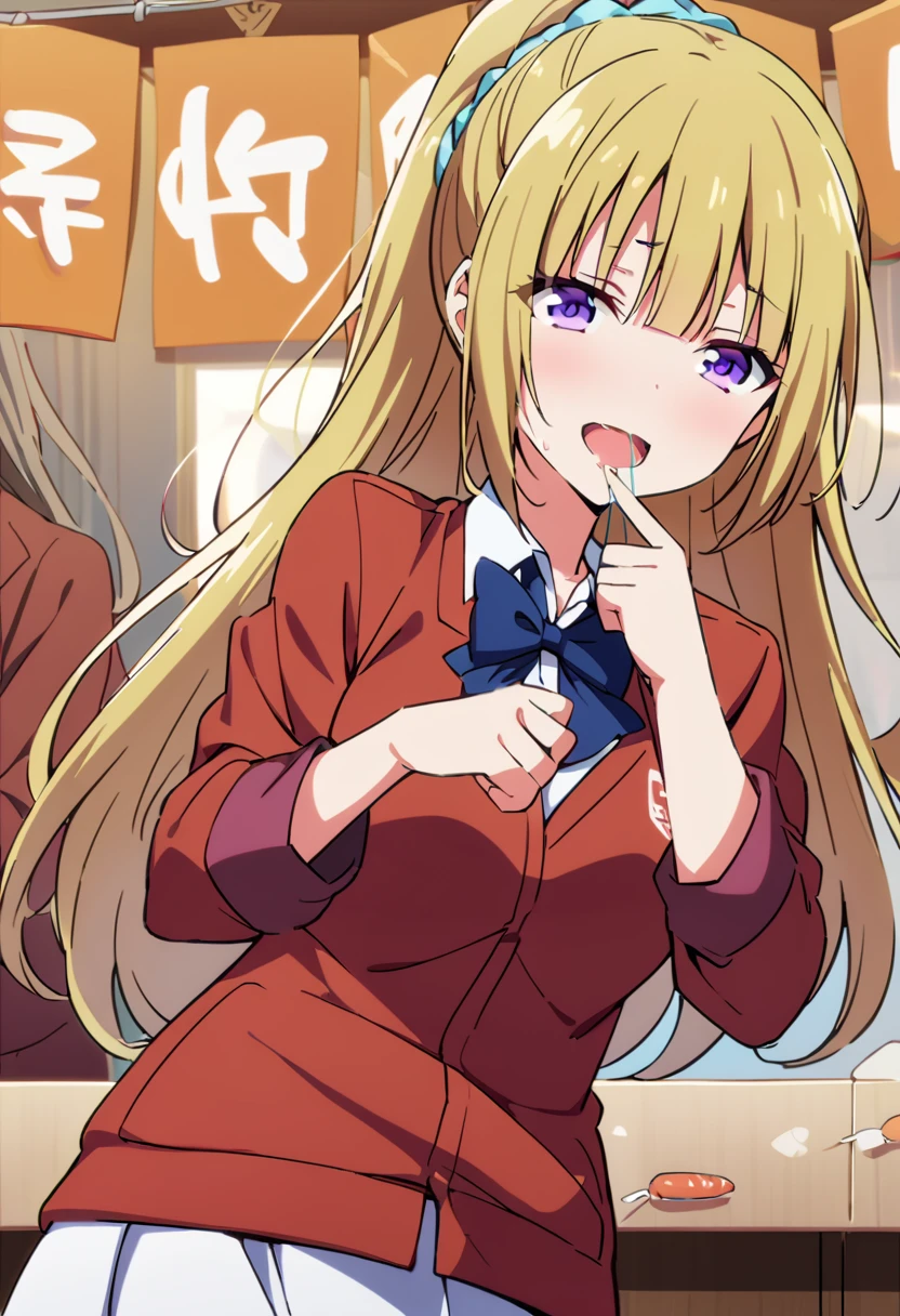 A woman holds a candy between her fingers,Show the candy to the audience,Wet candy,A saliva bridge between your mouth and the candy,Saliva thread, Moist eyes, half-open eyes,smile,harf-open mouth,Meat Festival,stall, Kei Karuizawa, yellow hair, long hair, ponytail, scrunchie, purple eyes, school uniform, red jacket, blue bow, white skirt