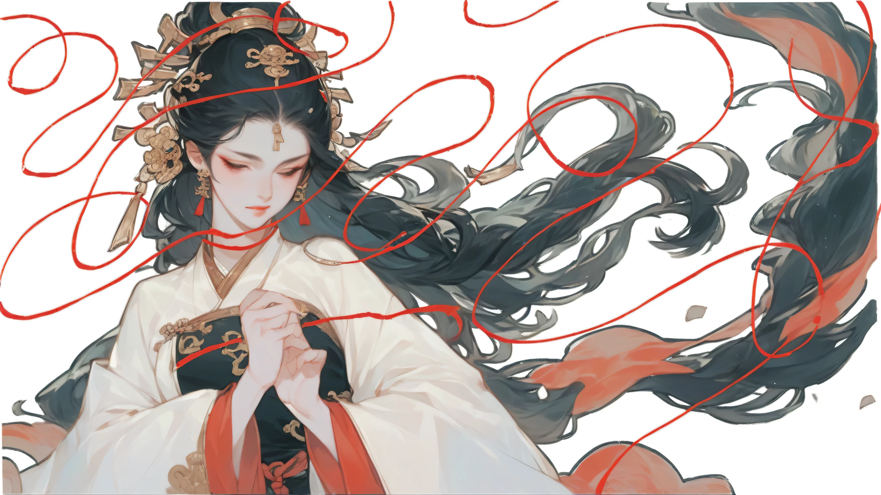 Goddess of match, woman, 1woman, wearing exquisite silk clothes, hanfu, there's red string of fate surrounded her, moon background, ancient China