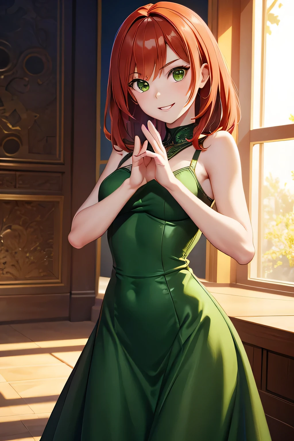 (masterpiece), best quality, detailed,Super high quality,perfect anatomy,beautiful light and shadow, ,Beautiful pale skin , red hair, gren eyes, perfect face, perfect eyes, slim body,young ager ,1girl, Kim possible, smiling to camera, high quality, 8k digital painting, wearing intricated elegant green dress, perfect hands, perfect fingers, SFW, high school prom, medium hair,