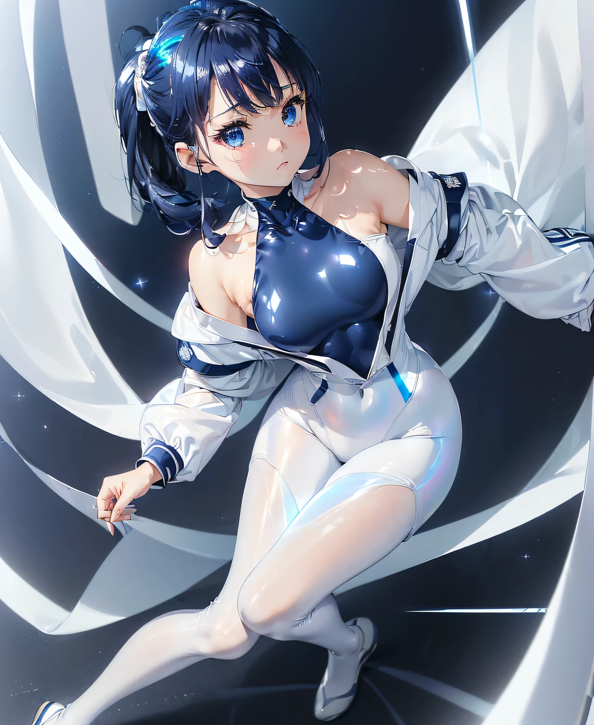 (maximum resolution: 1.2), (ultra high definition:1.2), cinema light, 8K resolution, fine eyes and skin, detailed face, perfect style, cute face, Accurate, anatomically correct, Highly detailed face and skin texture, beautiful and meticulous droopy eyes, 16 years old, (black hair:1.5), long hair, parted bangs, blue eyes, (white hairband:1.5), (long sleeves one-piece patternless white swimsuit:1.5), blue pleats skirt, (boots:1.5), standing sexy pose, (by the universe:1.5)