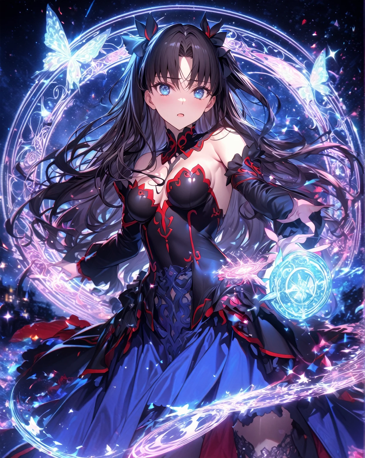 absurdres, highres, ultra detailed, HDR, master piece, Tohsaka Rin, black hair, expressive blue eyes, red clothes, sexy woman, best quality, Fate Grand Order, solo, fantasy, magical, sensual, glittering, accessories, red butterflies, pink magic, starry sky, pink magical circle, extremely beautiful