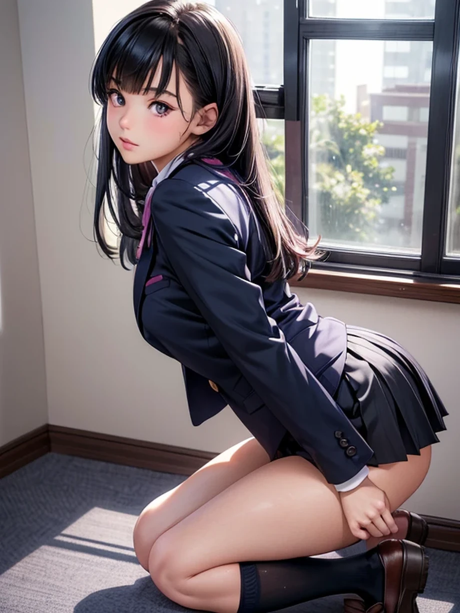 One girl, JK, 18 yo, Highly detailed beautiful face, neat straight bangs arranged horizontally, very long black hair, purple eyes, school uniform with navy blue blazer on top, navy blue mini pleated skirt, black socks, loafers. School classroom, leaning forward facing the viewer, standing by the window removing pink panties, In the middle of changing of clothes. legs slightly spread, dynamic angle, low angle from the front, shoujo manga style. Photogenic, Stop 4. (((Best quality, photorealistic:1.3, High resolution, masterpiece)))