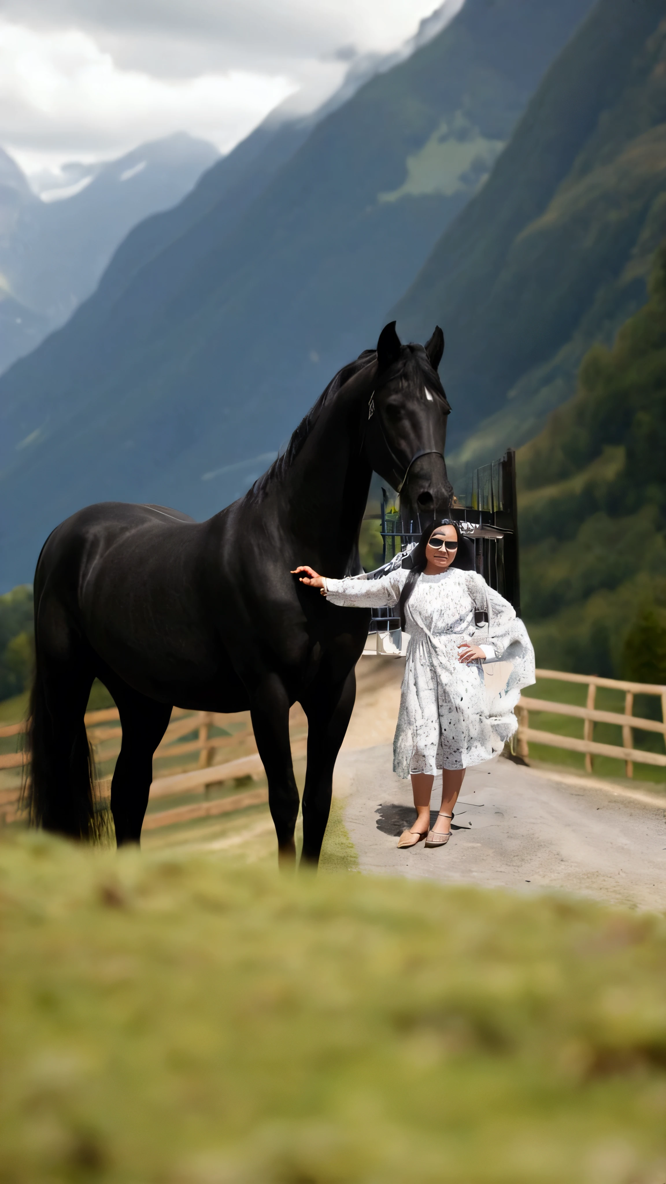 offcial art,统一 8k 壁纸,ultra - detailed,Beauty and aesthetics,tmasterpiece,best qualtiy,1girll,The is very detailed,dynamic angle,femele,Black centaur,(long skirt),(Black horse),long whitr hair,((Bigboobs,being thin,Small Man)),Hair rings,long whitr hair,full bodyesbian,grassy fields,long skirt