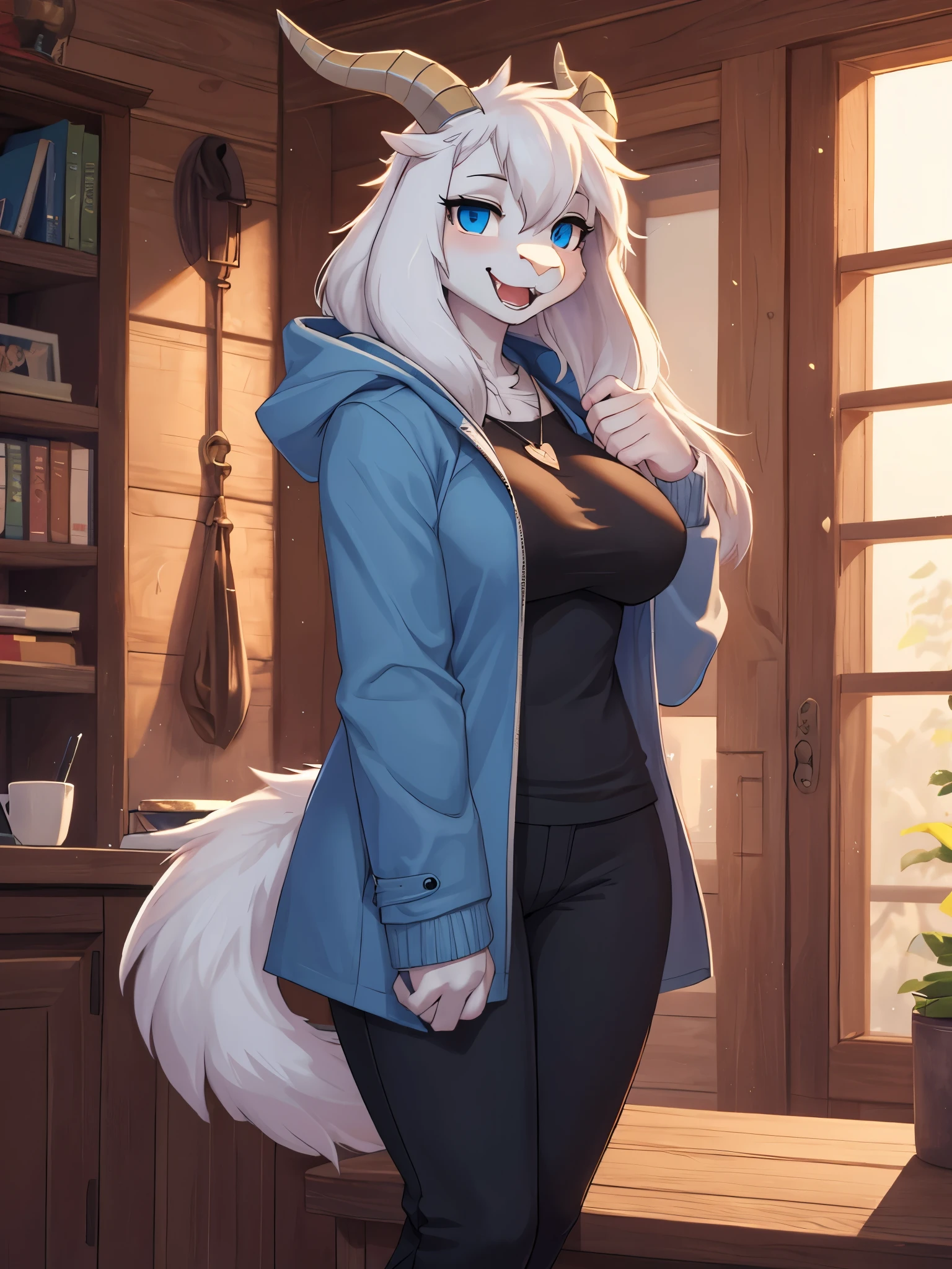 woman, adult, smiling, beautiful smile, open mouth, showing fangs, alone, in a house, hairy, goat, anthropomorphic goat, Asriel, Undertale ((Asriel Dreemurr)), big breasts, big, big ass, wide hips, perfect female body, tall, ((long hair, long white hair, straight hair)), blue eyes, pupils (slit shape), face, anthropomorphic, cartoon, Eskimo coat ((blue coat, no drawing, Eskimo coat) ), metacarpal paw, black blouse ((white heart in the middle, black pants)), wears golden heart pendant, goat's tail, short horns, white horns ((droopy ears, big ears)), goat's paw, anthropomorphic paw , specific, better quality, better detailing, details and quality.
