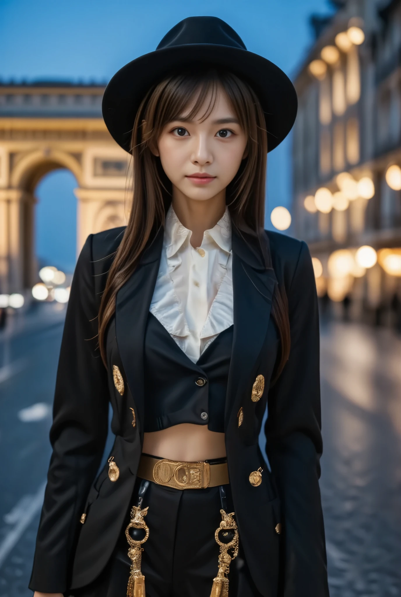 photo of Japanese girl, focus on the eyes, 1girl, long hair, brown hair, slim body shape, photograph showing head to knee, high contrast, faint smile, 

The model is wearing an avant-garde outfit that combines elements of traditional and modern fashion. The top is a striking black and white ensemble featuring a high-necked, wide-brimmed black hat with a white collar. The hat is paired with a black blazer with oversized sleeves and a white ruffled lapel, creating a bold, contrasted look. Underneath, the model wears a black, high-waisted skirt with a textured, almost quilted appearance. The skirt is accentuated with a gold belt with dangling charms, adding a touch of elegance and luxury., 
Champs-Élysées and Arc de Triomphe in the background.