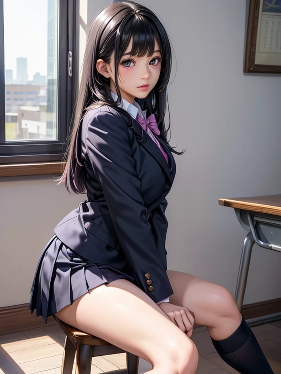 One girl, JK, 1, Highly detailed beautiful face, neat straight horizontal bangs, very long black hair, purple eyes, school uniform with navy blue blazer on top, navy blue mini pleated skirt, black socks, loafers. School classroom, leaning forward facing the viewer, standing by the window removing pink panties. legs slightly spread, dynamic angle, low angle from the front, shoujo manga style. Stop 4. (((Best quality, photorealistic:1.3, masterpiece)))