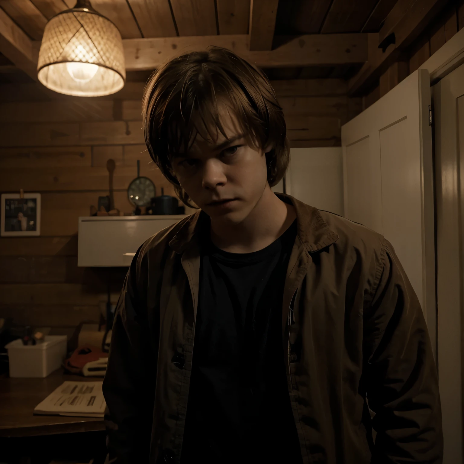 charlie heaton, jonathan byers, stranger things, wearing casual clothes, netflix, in the background there is a cabin, front view