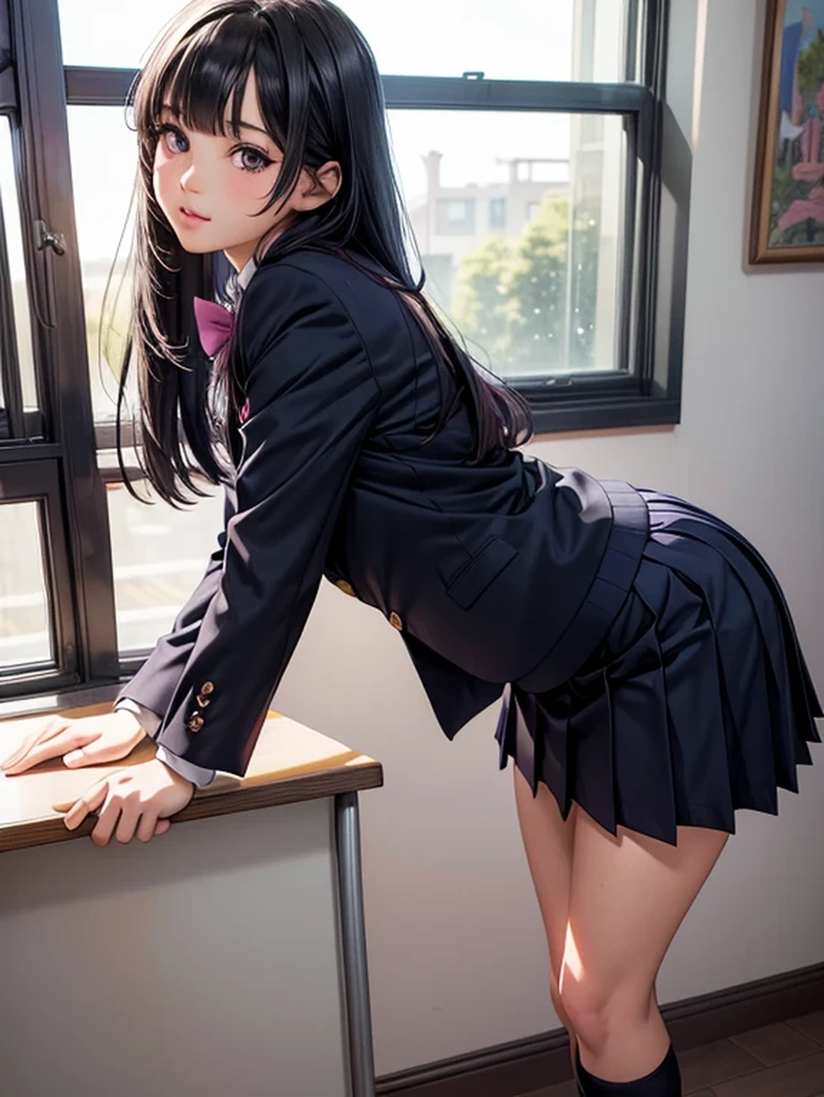 One girl, JK, 1, Highly detailed beautiful face, neat straight horizontal bangs, very long black hair, purple eyes, school uniform with navy blue blazer on top, navy blue mini pleated skirt, black socks, loafers. School classroom, leaning forward facing the viewer, standing by the window removing pink panties, legs slightly spread, dynamic angle, low angle from the front, shoujo manga style. Stop 4. (((Best quality, photorealistic:1.3, masterpiece)))