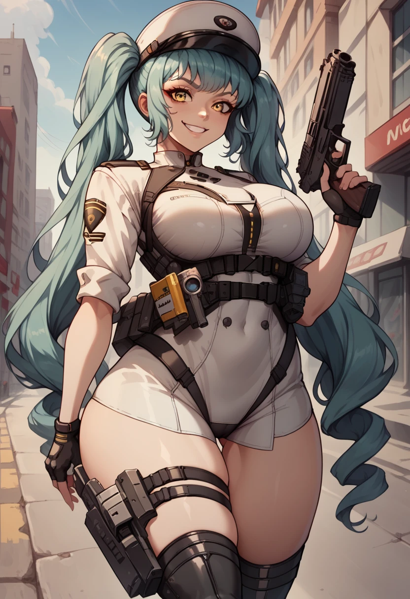 1girl, privatydef, NIKKE, (masterpiece, best quality), 16K, yellow eyes, perfect face, long hair, aqua hair, twintails, peaked cap, wearing tactical gear, wearing black panties, fingerless gloves, tactical belt, thigh strap, thigh boots, busty body, large breasts and a beautiful ass, showcasing cleavage, legs, hips, holding gun, gun, looking at viewer, smile, detailed full body, thigh details, city background