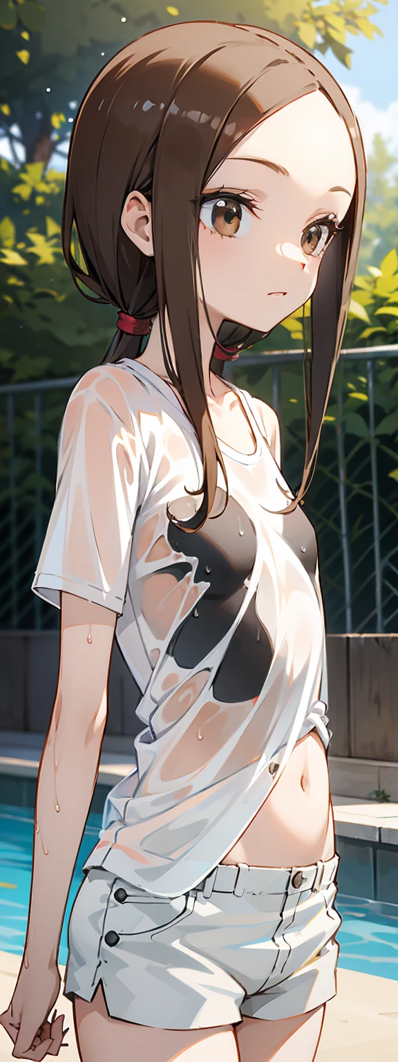 1 girl, single, blue sky, (((wet white shirt)))), ((no bra))))), exposed shoulders and entire navel, no pants, ((((wet thin line thong panties)))), almost completely naked, nsfw, panties almost transparent, (((delicate private details)), (((thin line thong panties))))