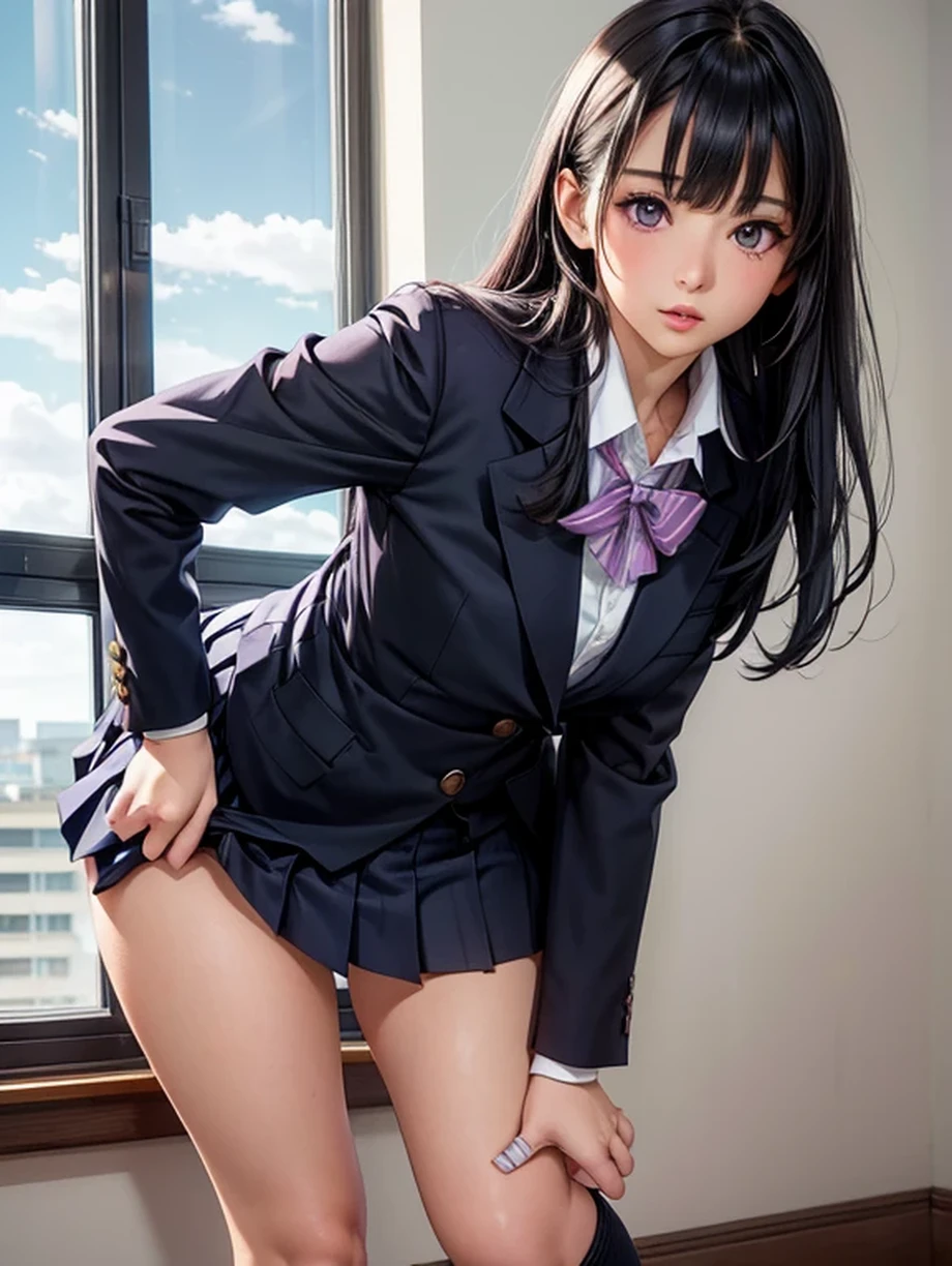 One girl, JK, 1, Highly detailed beautiful face, neat straight horizontal bangs, very long black hair, purple eyes, school uniform with navy blue blazer on top, navy blue mini pleated skirt, black socks, loafers. School classroom, leaning forward facing the viewer, standing by the window removing pink panties, legs slightly spread, dynamic angle, low angle from the front, shoujo manga style. Stop 4. (((Best quality, photorealistic:1.3, masterpiece)))