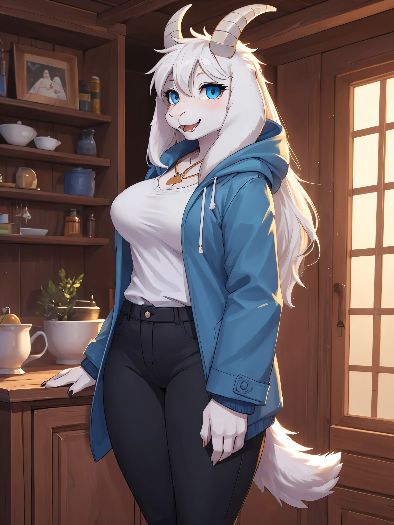 woman, adult, smiling, beautiful smile, open mouth, showing fangs, alone, in a house, hairy, goat, anthropomorphic goat, Asriel, Undertale ((Asriel Dreemurr)), big breasts, big, big ass, wide hips, perfect female body, tall, ((long hair, long white hair, straight hair)), blue eyes, pupils (slit shape), face, anthropomorphic, cartoon, Eskimo coat ((blue coat, no drawing, Eskimo coat) ), metacarpal paw, black blouse ((white heart in the middle, black pants)), wears golden heart pendant, goat's tail, short horns, white horns ((droopy ears, big ears)), goat's paw, anthropomorphic paw , specific, better quality, better detailing, details and quality.