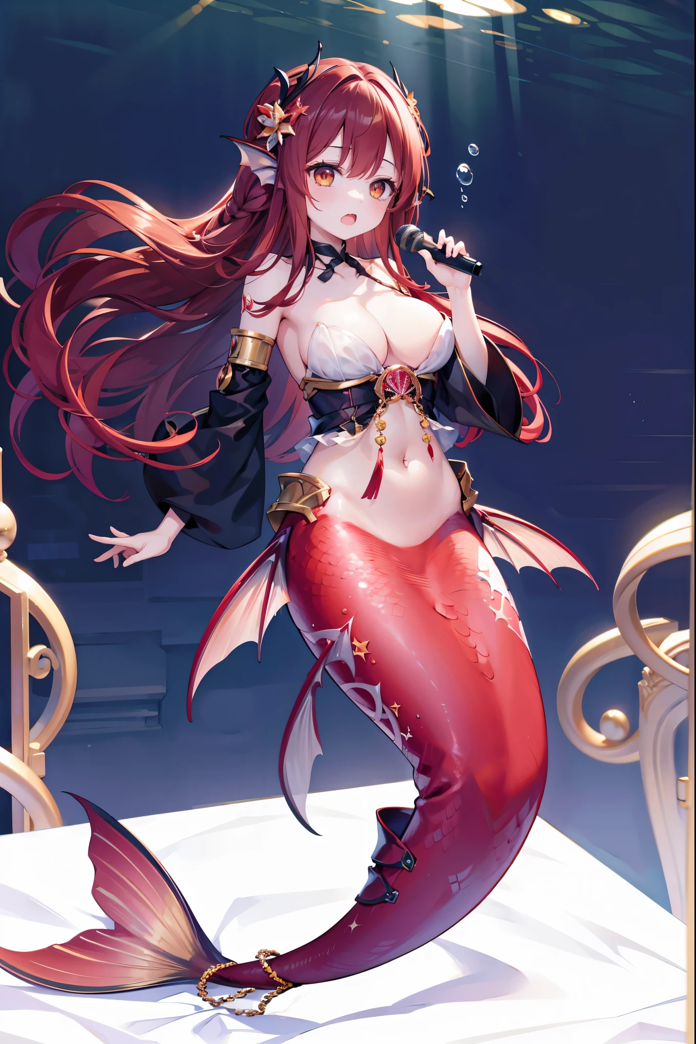 (masterpiece, Best quality),(Full fingers),A girl,Dark red hair,Hair accessories,Idol,Idol服,Golden Eyes,Head fin,Solitary,Big breasts,Mermaid,暗红色的Mermaid尾巴,Full body photo,(Underwater:1.2),charming face(Kawaii, charming,Soft),Open your mouth,Holding a microphone,