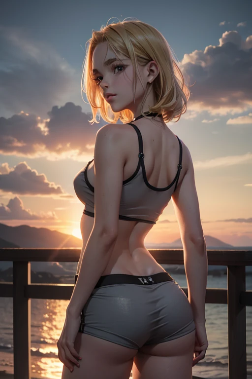 Young blonde with twin tails, 18-year-old, She was wearing tight high-cut pants and a thin tank top.. She stood defiantly against the backdrop of a post-apocalyptic world in the desert at night. The angled front camera captured the scene from a bottom-up perspective.Crotch bite、Nipples are visible