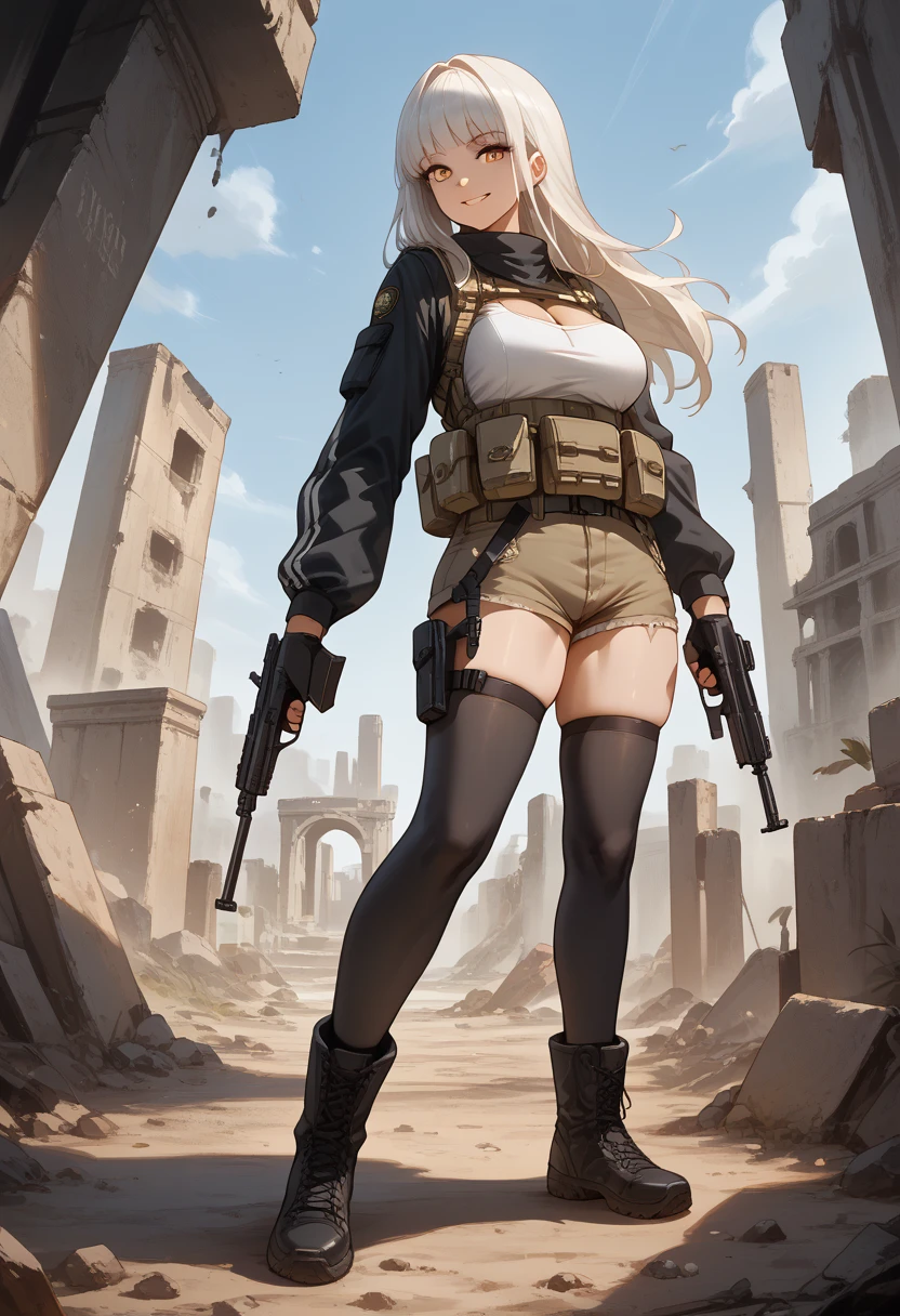 1girl, solo, blancrnd, ((masterpiece)), (best quality), (highres), 16K, yellow eyes, white hair, long hair, hair intakes, bangs, wearing tactical gears, wearing bootyshorts, tactical belt, gun holster, gloves, black thighhighs, boots, busty body, large breasts and a beautiful ass, showcasing cleavage, legs, hips, holding gun, gun, looking at viewer, smile, detailed thigh, detailed full body, ruins background