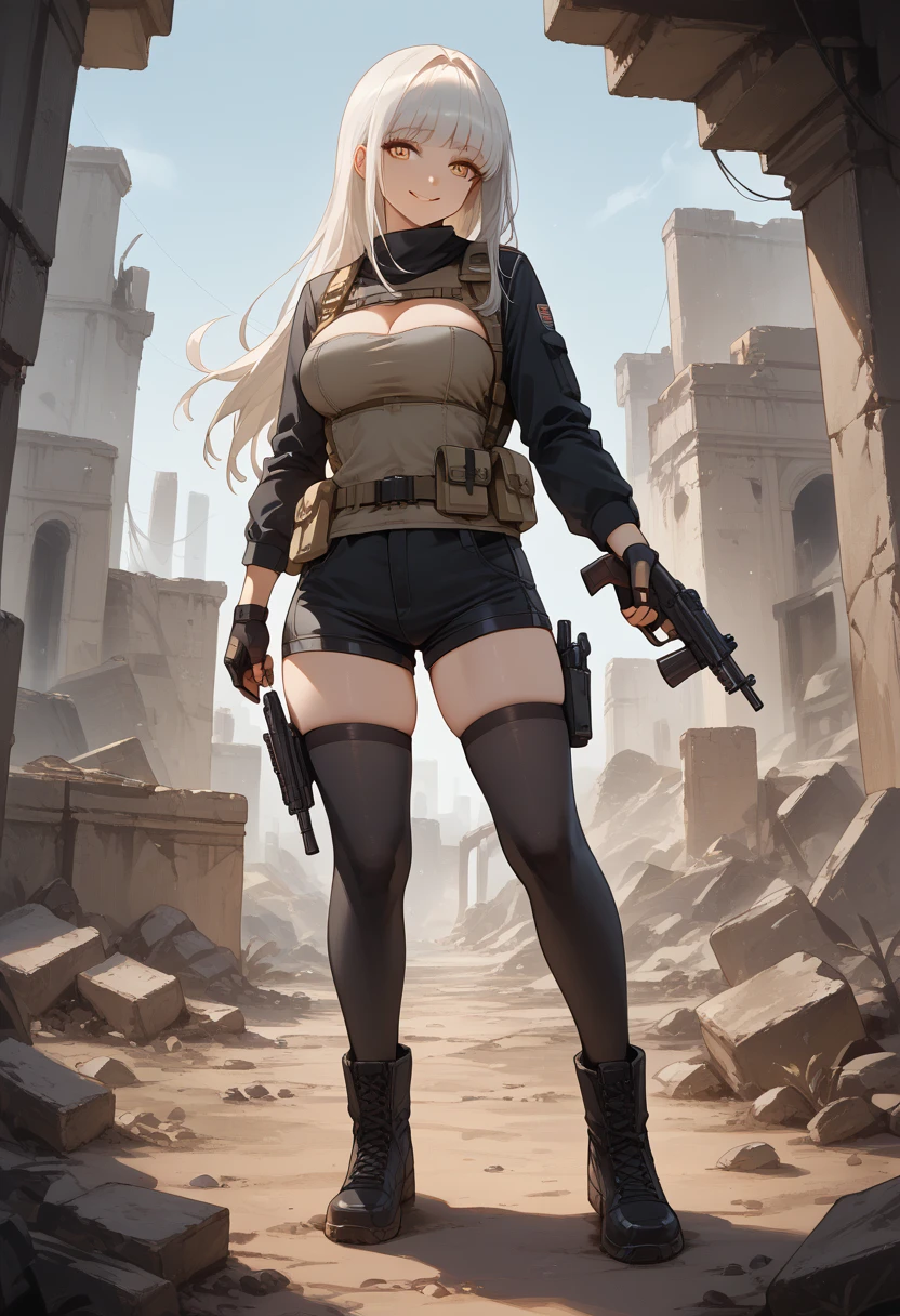 1girl, solo, blancrnd, ((masterpiece)), (best quality), (highres), 16K, yellow eyes, white hair, long hair, hair intakes, bangs, wearing tactical gears, wearing bootyshorts, tactical belt, gun holster, gloves, black thighhighs, boots, busty body, large breasts and a beautiful ass, showcasing cleavage, legs, hips, holding gun, gun, looking at viewer, smile, detailed thigh, detailed full body, ruins background