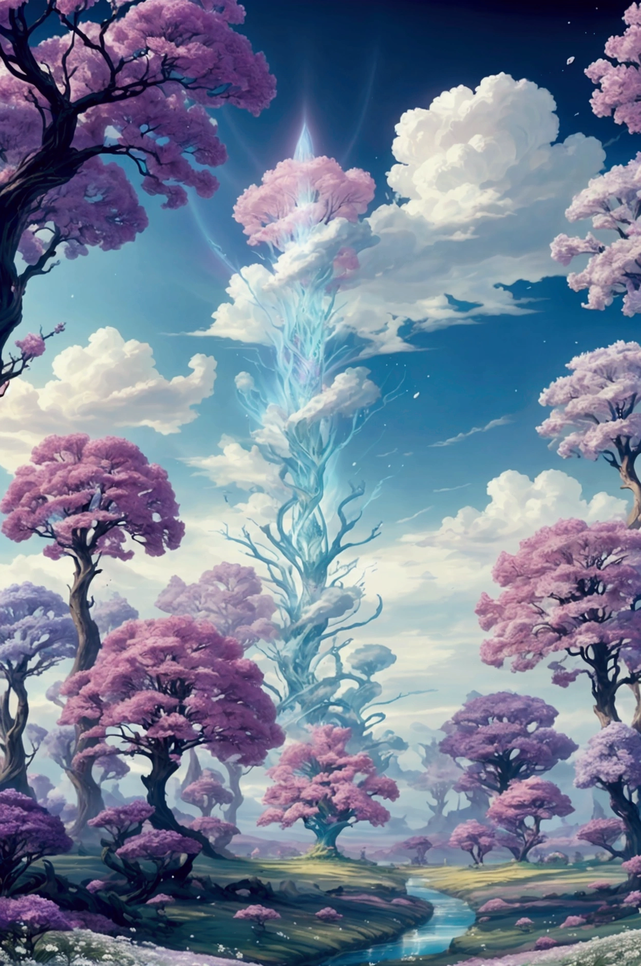 Here are a few prompts based on the image you described: Fantasy/Anime-Inspired: * "A lone tree stands tall amidst a field of glowing flowers under a vibrant blue sky filled with swirling clouds and ethereal lights." * "In a dreamlike world, a solitary tree casts a tranquil shadow over a vast field of shimmering white flowers beneath a celestial arch." Nature-Focused: * "A breathtaking landscape of a single tree bathed in sunlight, surrounded by a sea of delicate white flowers against a backdrop of a clear blue sky and fluffy clouds." * "A serene scene of a solitary tree standing sentinel over a field of white wildflowers, illuminated by the soft glow of the setting sun." Surreal/Dreamlike: * "An otherworldly image of a tree with iridescent leaves, surrounded by a field of glowing flowers that seem to dance in the breeze under a sky painted in shades of blue and purple." * "A surreal vision of a tree with roots that reach into the clouds, standing amidst a field of flowers that bloom with the colors of the rainbow." You can further customize these prompts by adding specific details or emotions, such as: * "A feeling of peace and tranquility washes over the scene." * "A sense of wonder and awe fills the air." * "The tree seems to be a symbol of resilience and strength." * "The flowers represent purity and innocence." Let me know if you'd like me to generate more prompts or if you have any other questions. , 32k