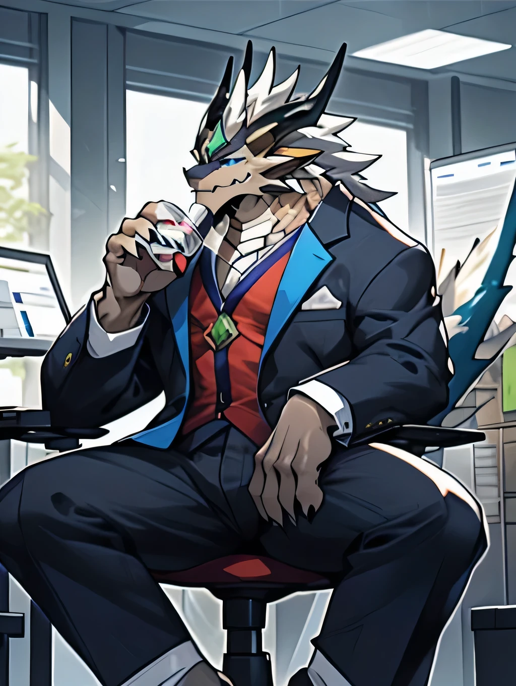 dragon，furry，Exquisite eyes，Fit body，Overbearing and rigorous personality，Sitting at the desk in the office，A paw holding a bottle，Drinking milk，Enjoying milk，Hot air blew out of the dragon&#39;s nose，Scar on cheek，Full of sexual tension，Wear a clean suit，The tail should not be too big or too small.，paw，Clear image，Ultra HD，high resolution，