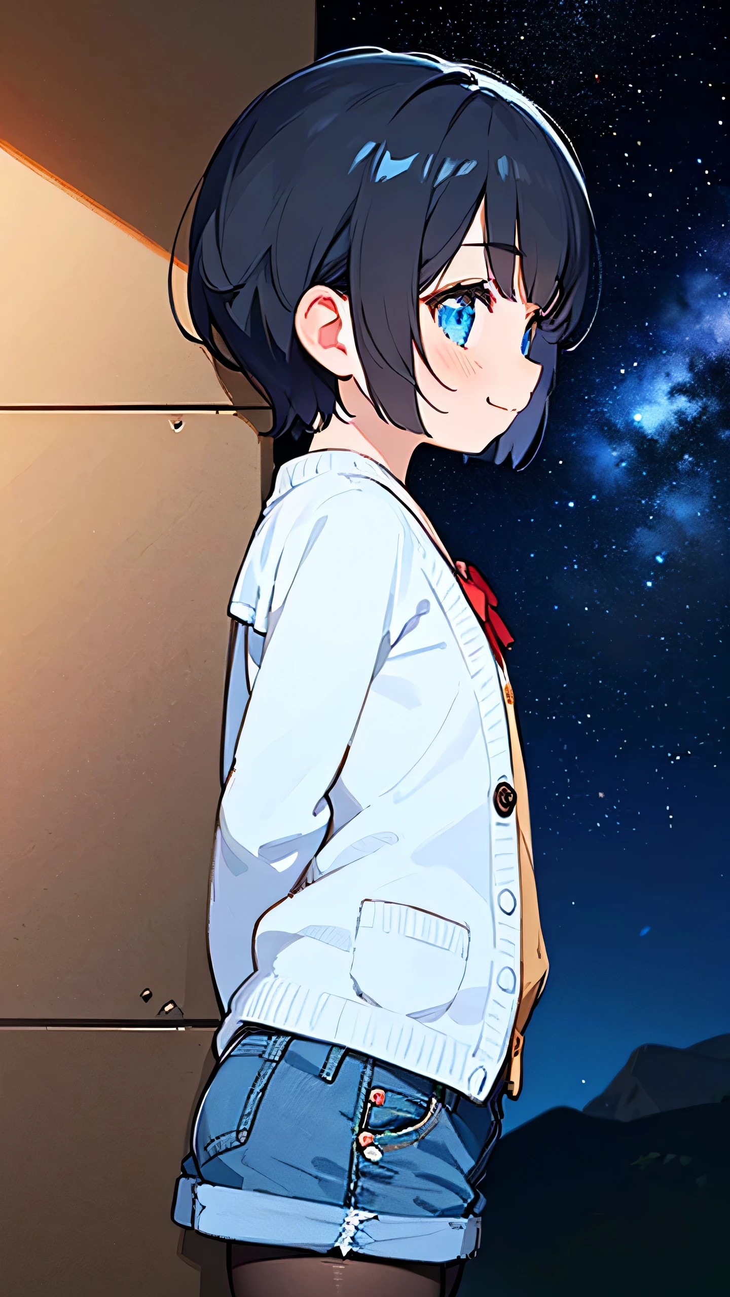 Illustration of a cute boy. ((He is wearing very short denim shorts. He is wearing a cardigan over his shirt and denim shorts and black short tights)). He is smiling with his head tilted to the side. The background is a night view of a hill with a view of the sea. break, (1boy), ((solo)), ((young boy)), ((very short hair, pixie cut hair, shiny black hair)), (sparkling clear blue eyes), (flat chest), break, (standing), (best quality, high quality, high resolution, masterpiece, 8k), ((detailed blue eyes)), detailed hair, detailed face, (arms behind back), night , (beautiful background), background blur, (beautiful illustration), ((from side back)),