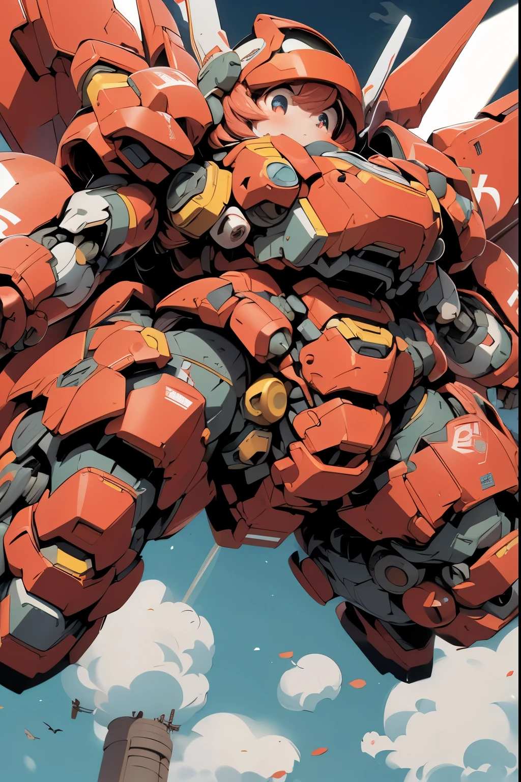 (((1 chibi girl in large red-colored robot costume, from below))), ssmile, (holding weapons), (chibi), (bulky:1.8), (((helmet:1.5))), large cute face, (((looking down:1.5))), mechanical parts, ((mechanical wings)), (full armor:1.8), (mecha armor:1.8), (shoulder guards:1.2),(huger arms), ((mechanical arms:1.5)), (short legs), (huger body:1.8), (heavy equipment:1.6), (from below), (headgear), blue sky, white clouds, robot joints, becoming a mecha, mecha, (RARS), (HRS), ROBOTANIMESTYLE, BJ_Cute_Mech,cute, girl BREAK ((masterpiece)), vibrant colors, 8k, best quality, ultra detailed illustration, ((best quality)), ((high resolution)), flawless skin textures, shiny oiled skin, extremely detailed anime eyes , extreme light and shadow