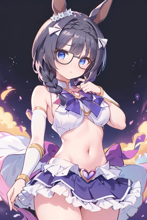 Beautiful illustrations、Navel exposure、Underbust、(bare shoulders:1.2),(Magical Girl Costumes:1.3),(Frilled Skirt),(masterpiece、Please redeem、8k ), (Beautiful details), Highly detailed face, perfect lighting, Detailed CG, (Perfect hands, Perfect Anatomy), 1 cute girl,girl, Cute face, Black Hair,Horse tail, Animal ears, Side braid,Glasses、Big Breasts、thin,  Thighs、Idol Pose、