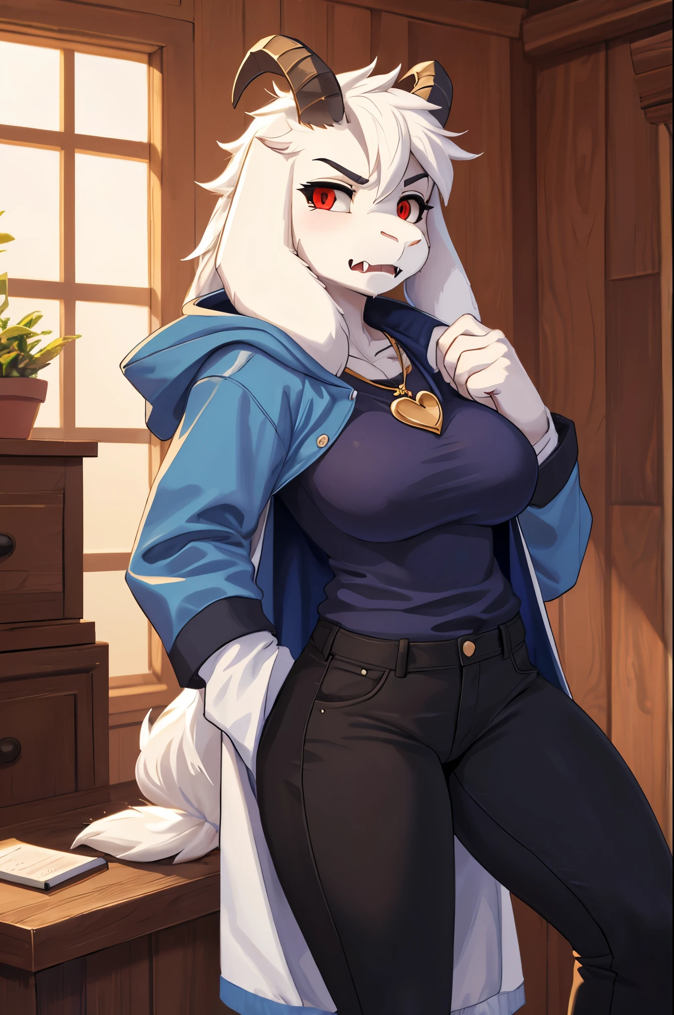 woman, young adult, fury, anger, showing fangs, alone, in a house, hairy, goat, anthropomorphic goat, Asriel, Undertale ((Asriel Dreemurr)), big, big breasts, big ass, wide hips, perfect female body, tall, ((long hair, long white hair, straight hair)), red eyes, pupils (slit shape), face, anthropomorphic, cartoon, Eskimo coat ((blue coat, no drawing, Eskimo coat)), metacarpal paw , black blouse ((white heart in the middle, black pants)), wears a gold heart pendant, goat's tail, short horns, white horns ((droopy ears, big ears)), goat's paw, anthropomorphic paw, specific, best quality, better detailing, details and quality.