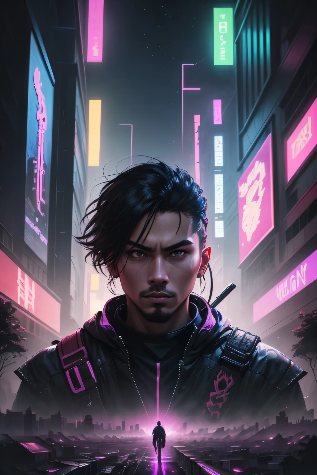 best quality, masterpiece, highres, an extremely detailed, photorealistic, (Black Light Art:1.4), Blacklight, BlacklightForestStyle , anime guy with two swords in his hand and a city in the background, cyberpunk art style, portrait of a cyberpunk samurai, in cyberpunk style, cyberpunk shading, cyber space cowboy, cyberpunk artstyle, synthwave art style ]!!, [ synthwave art style ]!! ]!!, [ synthwave art style ]!!, synthwave art style, cyberpunk samurai