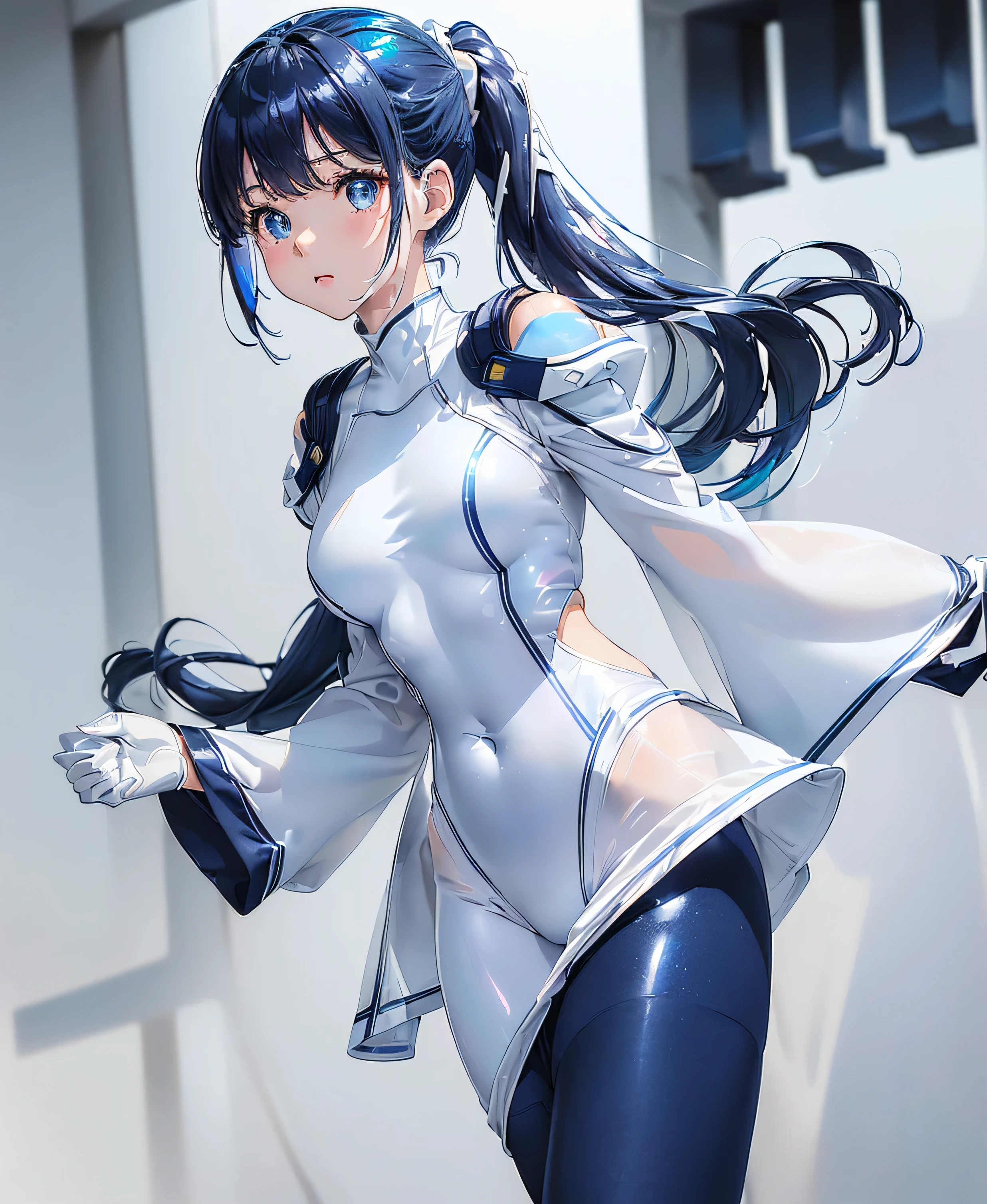 ((Holographic glow effect)),(masterpiece、Best Quality、Highest Resolution、Clear_image、Detailed details、The angle is from above): (solo、A girl alone、Japanese Faces、High knot ponytail、Dark blue hair girl、Small breasts、(Perfect body:1.4)、Sparkling blue eyes、(White and navy blue zero suit、White and navy bodysuit、White and navy tight-fitting clothing、Wear full white and navy blue cover、White and navy thigh-covering pants、White and navy shoulder cover outfit、White and navy cropped jacket、White and navy shiny clothes、Navy blue tight-fitting pants that hide the legs、Clothing that doesn't attract skin、Clothes that hide the skin、Armor to hide the chest)、Very delicate and beautiful、Detailed Skin、Slim body、Exoskeleton、Cute、A gentle smile、Soft expression、heroine、White and navy blue long boots、Elbow-length gloves)、Mscockpit,cockpit,Fantasy,ROMANCE,action,SCIENCE FICTION,TEEROR,COMICS,NFWS,hero,Mecha,Mechanical,mechanical body,Cartoon,Polished floor