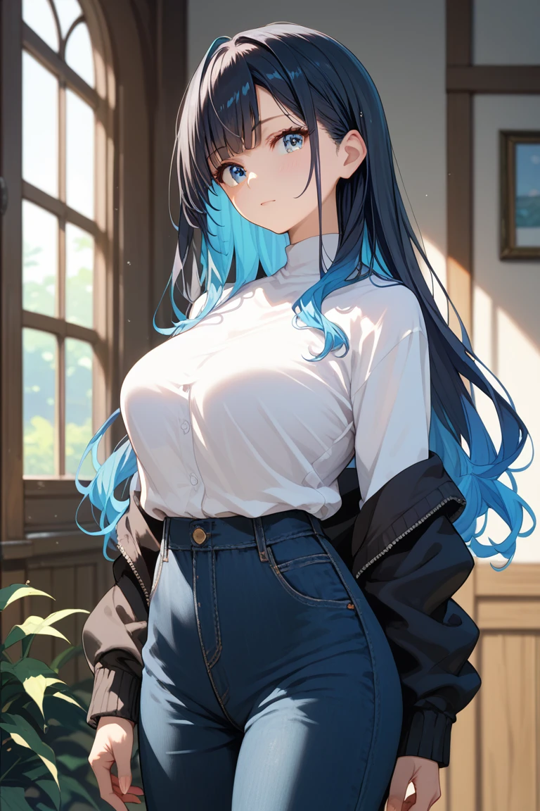 (score_9, score_8_up, score_7_up), 1girl, akane kurokawa, long hair, bangs, blue eyes, large breasts, black hair, blue hair, multicolored hair, gradient hair,
standing, perfecteyes