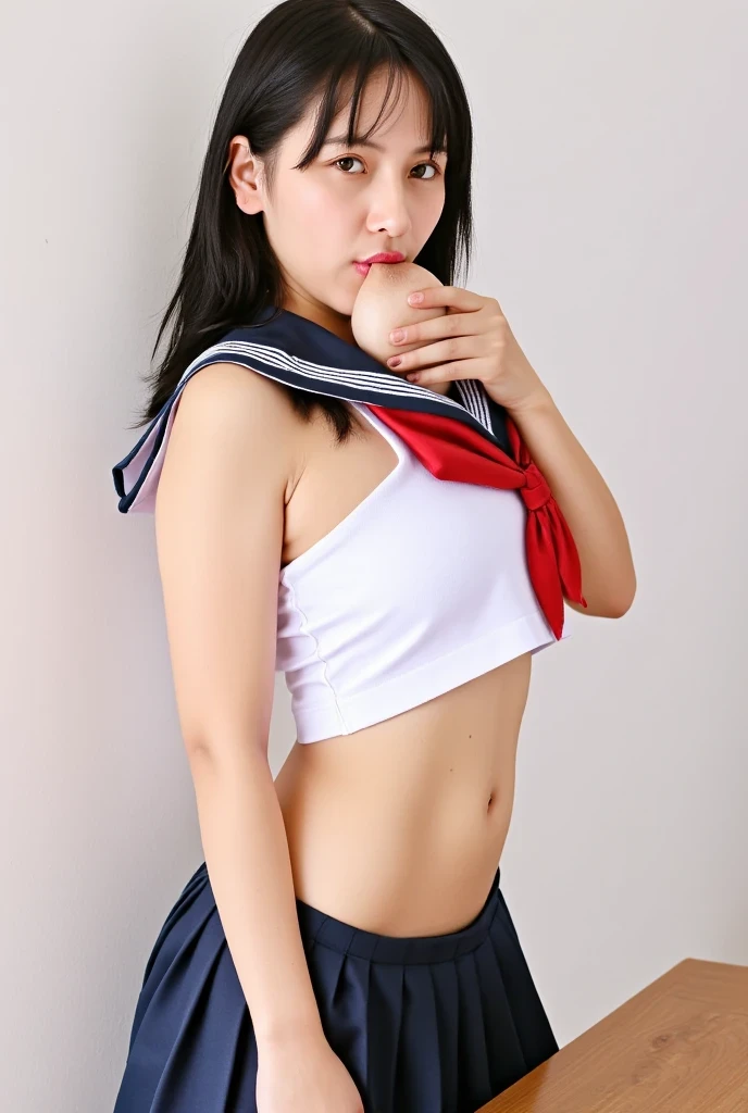 High quality photo of a slender Young gorgeous woman sucking her own nipple., wearing sailor uniform