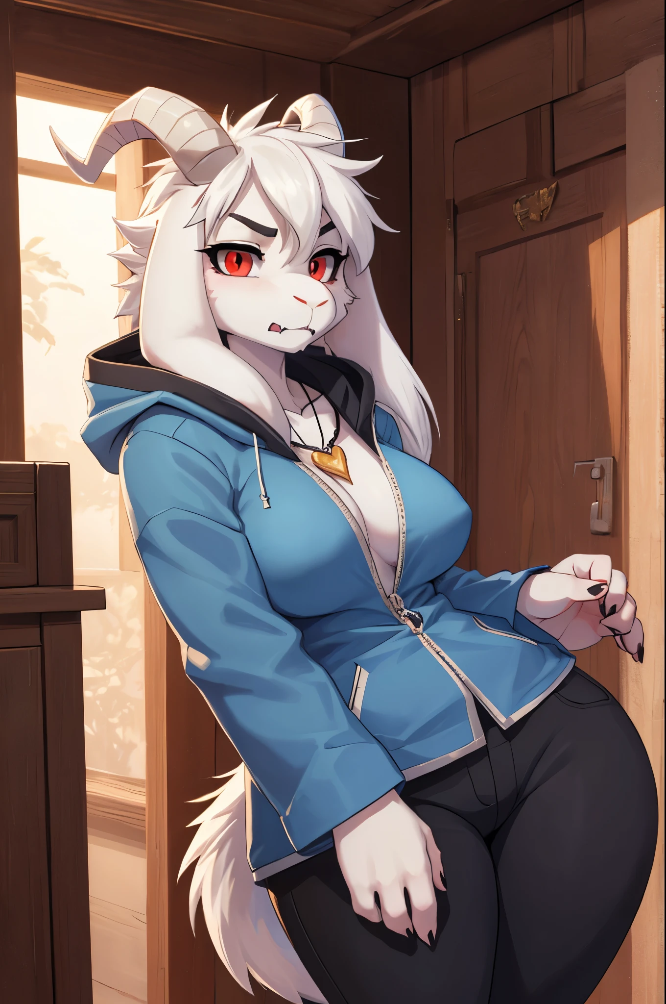 woman, young adult, fury, anger, showing fangs, alone, in a house, hairy, goat, anthropomorphic goat, Asriel, Undertale ((Asriel Dreemurr)), big, big breasts, big ass, wide hips, perfect female body, tall, ((long hair, long white hair, straight hair)), red eyes, pupils (slit shape), face, anthropomorphic, cartoon, Eskimo coat ((blue coat, no drawing, Eskimo coat)), metacarpal paw , black blouse ((white heart in the middle, black pants)), wears a gold heart pendant, goat's tail, short horns, white horns ((droopy ears, big ears)), goat's paw, anthropomorphic paw, specific, best quality, better detailing, details and quality.