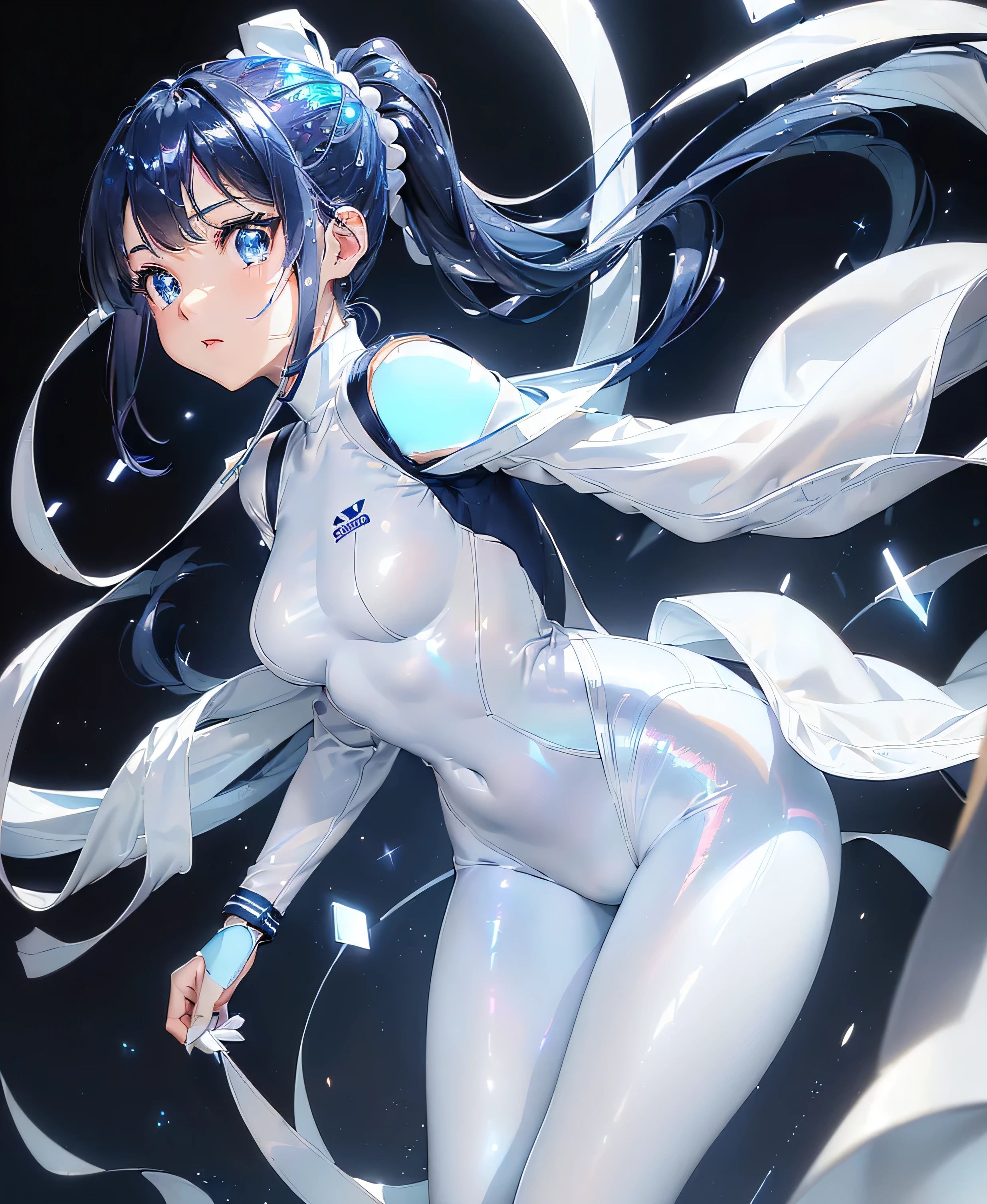 ((Holographic glow effect)),(masterpiece、Best Quality、Highest Resolution、Clear_image、Detailed details、The angle is from above): (solo、A girl alone、Japanese Faces、High knot ponytail、Dark blue hair girl、Small breasts、（Perfect body：1.4）、Sparkling blue eyes、(White and navy blue zero suit、White and navy bodysuit、White and navy tight-fitting clothing、Wear full white and navy blue cover、White and navy thigh-covering pants、White and navy shoulder cover outfit、White and navy cropped jacket、White and navy shiny clothes、Navy blue tight-fitting pants that hide the legs、Clothing that doesn&#39;t attract skin、Clothes that hide the skin、Armor to hide the chest)、Very delicate and beautiful、Detailed Skin、Slim body、Exoskeleton、Cute、A gentle smile、Soft expression、heroine、White and navy blue long boots、Elbow-length gloves)、Mscockpit,cockpit,Fantasy,ROMANCE,action,SCIENCE FICTION,TEEROR,COMICS,NFWS,hero,Mecha,Mechanical,mechanical body,Cartoon,Polished floor