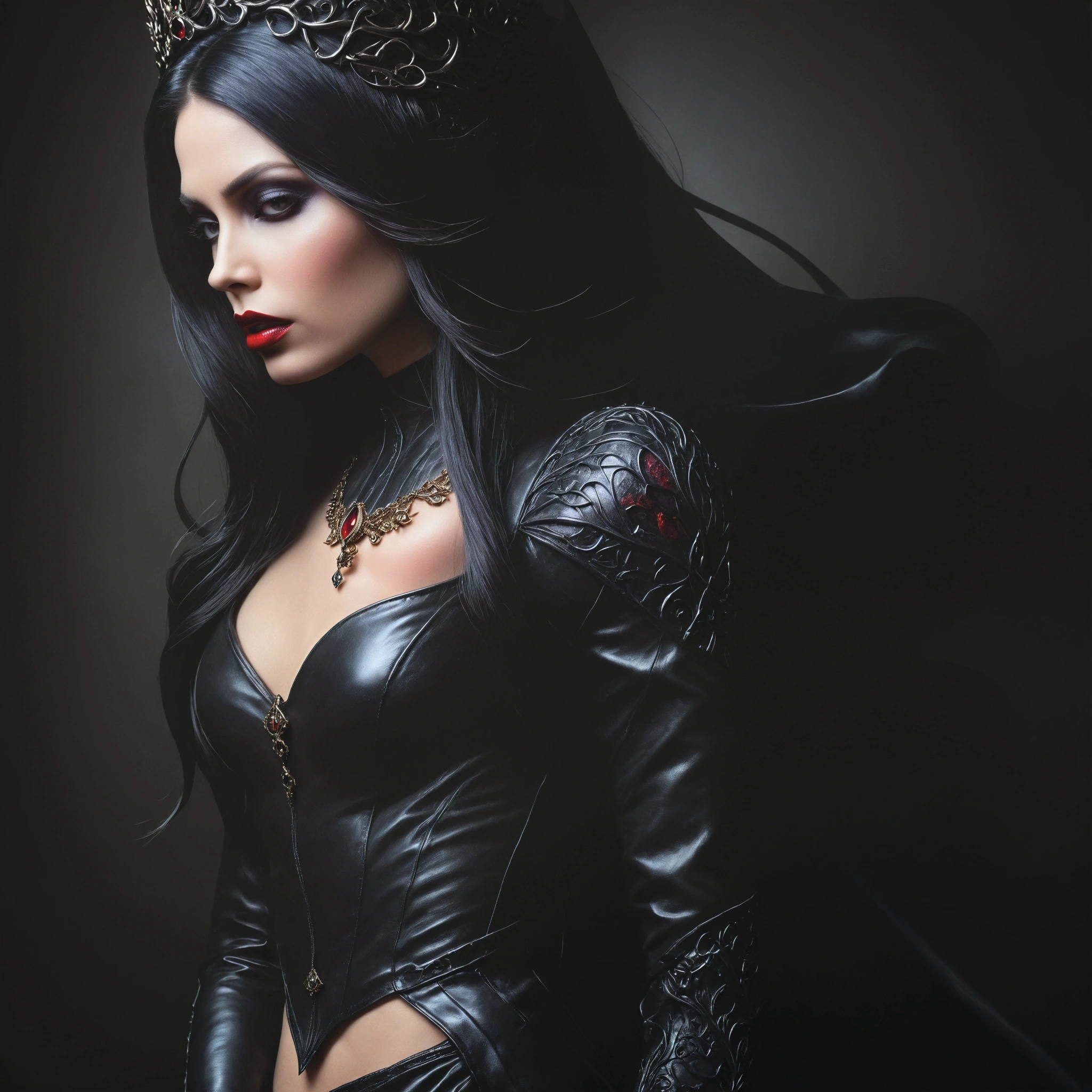 Noir painting of a beautiful Gothic queen in a tight black leather dress, fair skin, long black hair, shiny hair, dark red lips, dark fantasy style art, gothic fantasy art, dark fantasy art, dark fantasy portrait, in style of Greg rutkowski, dark fantasy mixed with realism, beautiful queen, gothic maiden of the dark, fantasy dark art, dark fantasy style, dark fantasy digital art, beautiful elegant queen, Artgerm, hyperdetailed intricately detailed gothic art trending on artstation triadic colors, 8K Resolution