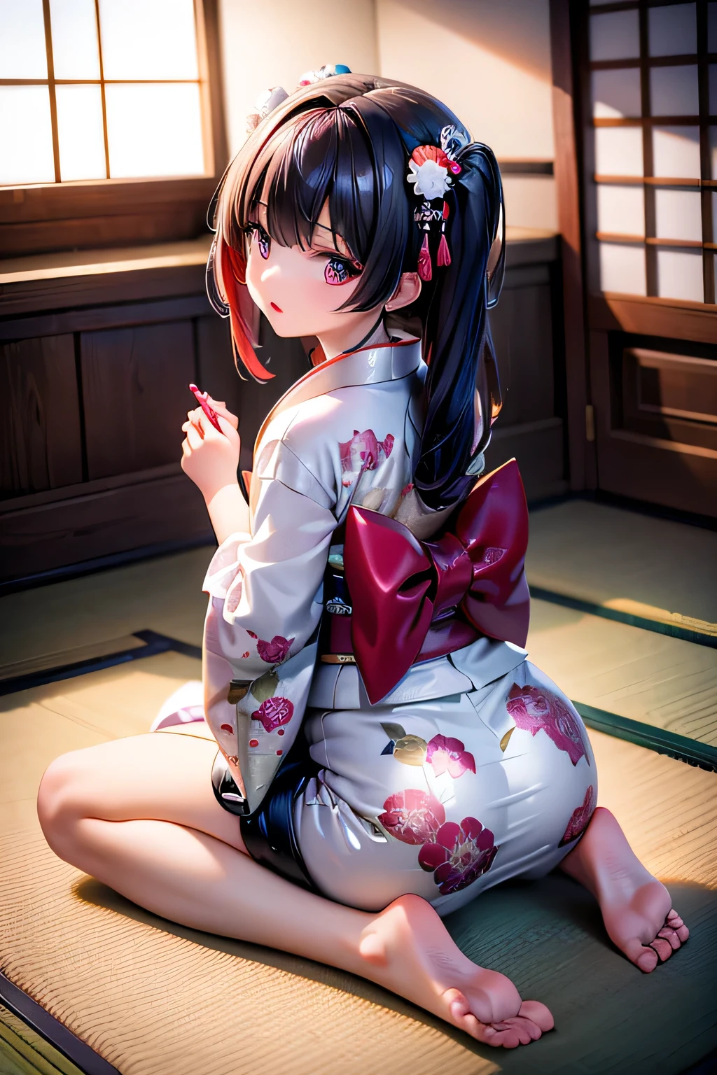 PVC,(8k, Please redeem, masterpiece, Ultra-high resolution: 1.2),kimono,Japanese-style room,1 girl, 2, Kneel down and look back.、