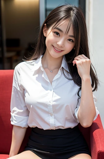 nsfw, real, masterpiece, super high quality, masterpiece, beautiful photo, lifelike, beautiful light, soft depiction, rich gradation, beautiful face, beautiful, cute, clean, perfect human anatomy, one girl, sexy, tanned skin, student, 1, young face, baby face, model, black hair, straight hair, uniform bangs, dark brown eyes, light eyes, cleft lip, cute, cute smile, bright smile, gentle eyes, bright eyes, moist eyes, eyelashes, cheeks, soft body flesh, good complexion, subcutaneous veins, upper arms, a little muscle, pretending to be cute, woman sitting in a chair and smiling, wearing a black business suit, white shirt, big breasts, short skirt, thighs, string panties, underwear digging into the crotch,
wrinkles in clothes, detailed depiction of costume, shading of clothes,
tight suit,
beautiful legs, slender legs, perfect calves,