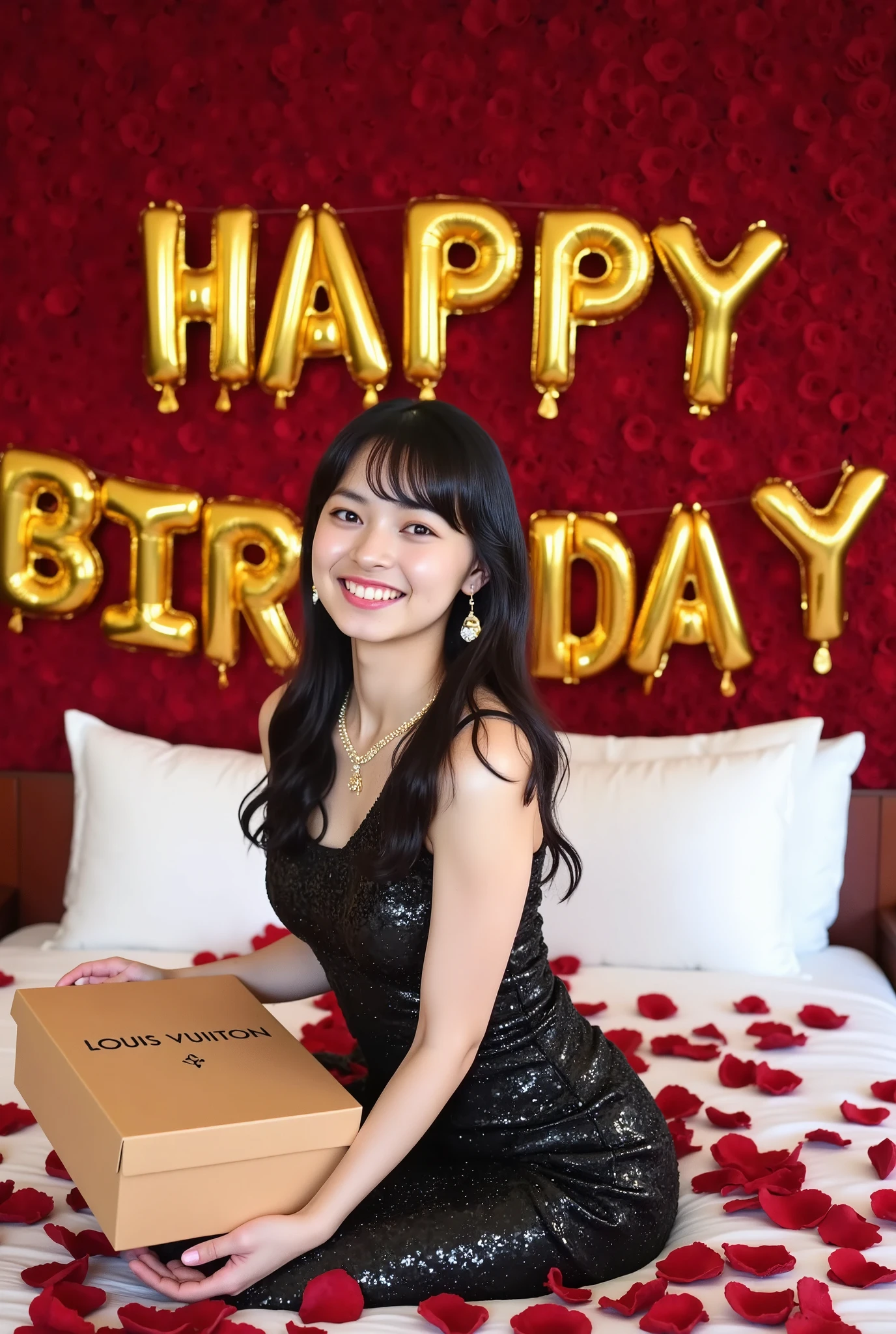 A hotel room is decorated to celebrate a birthday. The words “HAPPY BIRTHDAY” are made of gold balloons on the wall. Above the bed are many, overflowing red rose petals. In the center of the bed sits the leading lady. She wears gold and jewels on her ears, arms, and fingers, and an elegant black dress covered in sequins. In her hand she holds a box of LOUIS VUITTON presents. Full of emotion and joy, she looks at the viewer.