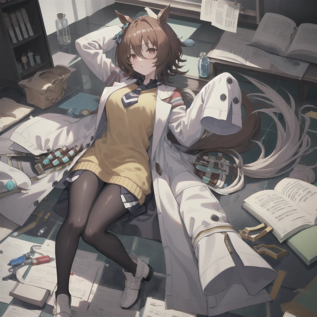 masterpiece, best quality,
agnes tachyon \(umamusume\),
paper, flask, tile floor,
lying, full body, on back,
single earring, long sleeves, sleeves past wrists, sleeves past fingers, collared shirt, black shirt, yellow sweater, sweater vest, black necktie, short necktie, open coat, white coat, labcoat, test tube, vial, zipper, black pantyhose, white footwear, high heel boots
<lora:agnes_tachyon_loha:0.7>