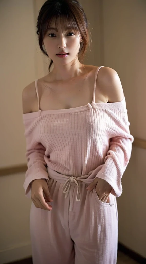 photo of 22 y.o girl in a beige lingerie, short wavy pink hair, pale skin, heterochromia eye, mole below eye, thick eyebrows, freckles, hoodie, shorts, medium breast, small waist, wide thighs, thigh gap, on bathroom, ((see-through)), 8k uhd, dslr, soft lighting, high quality, film grain, Fujifilm XT3,