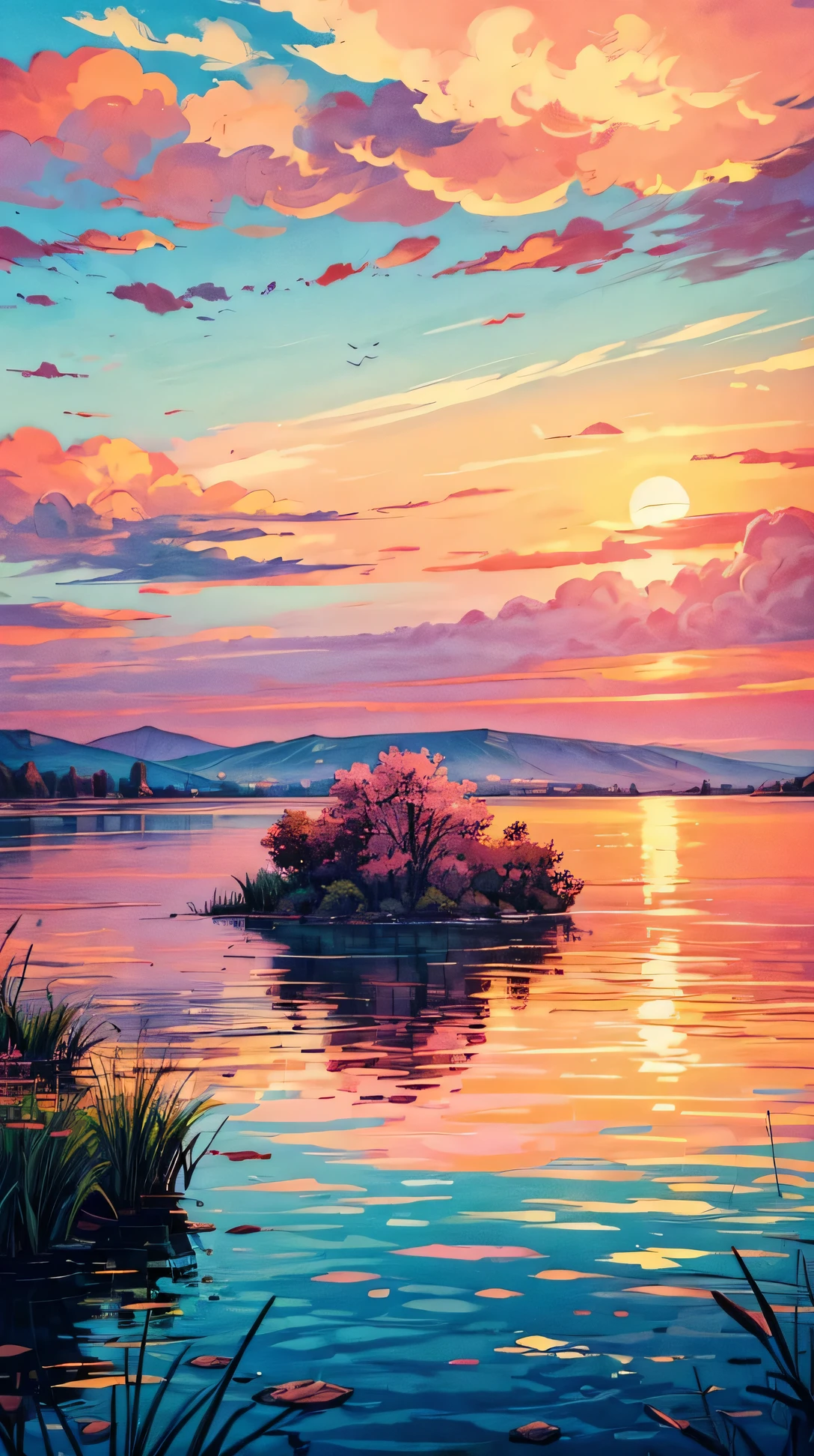 (landscape), A small, still lake reflecting the colorful clouds of the setting sun, casting soft hues of orange and pink across the water.