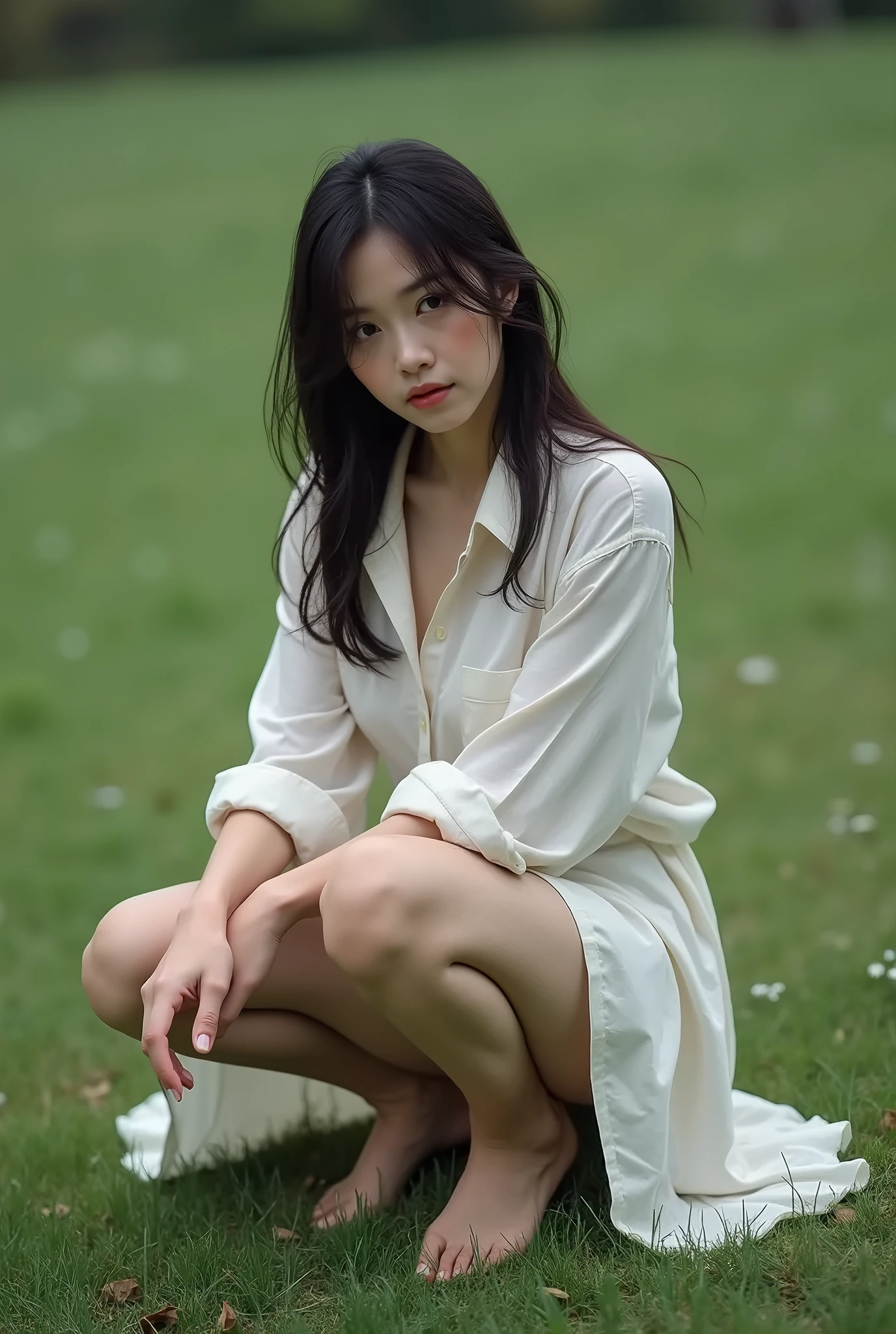 (Photorealistic: 1.4), (Hyperrealistic: 1.4), (Realistic: 1.3), (Smooth Lighting: 1.05), (Improved Cinematic Lighting Quality: 0.9), 32K, 1 female, 24 years old business woman, Realistic Lighting, Backlight, Face Lights, Ray Tracking, (Bright Light: 1.2), (Quality Improvement: 1.4), ( Top quality realistic textured skin: 1.4), fine detailed eyes, detailed face, fine quality eyes, dark brown eyes, (tired and sleepy content: 0.0), white wall background with bright window light, houseplants, white shirt, black long tight skirt, dark brown hair, squatting holding knees, white silk socks of shiny fabric, black strap pumps
