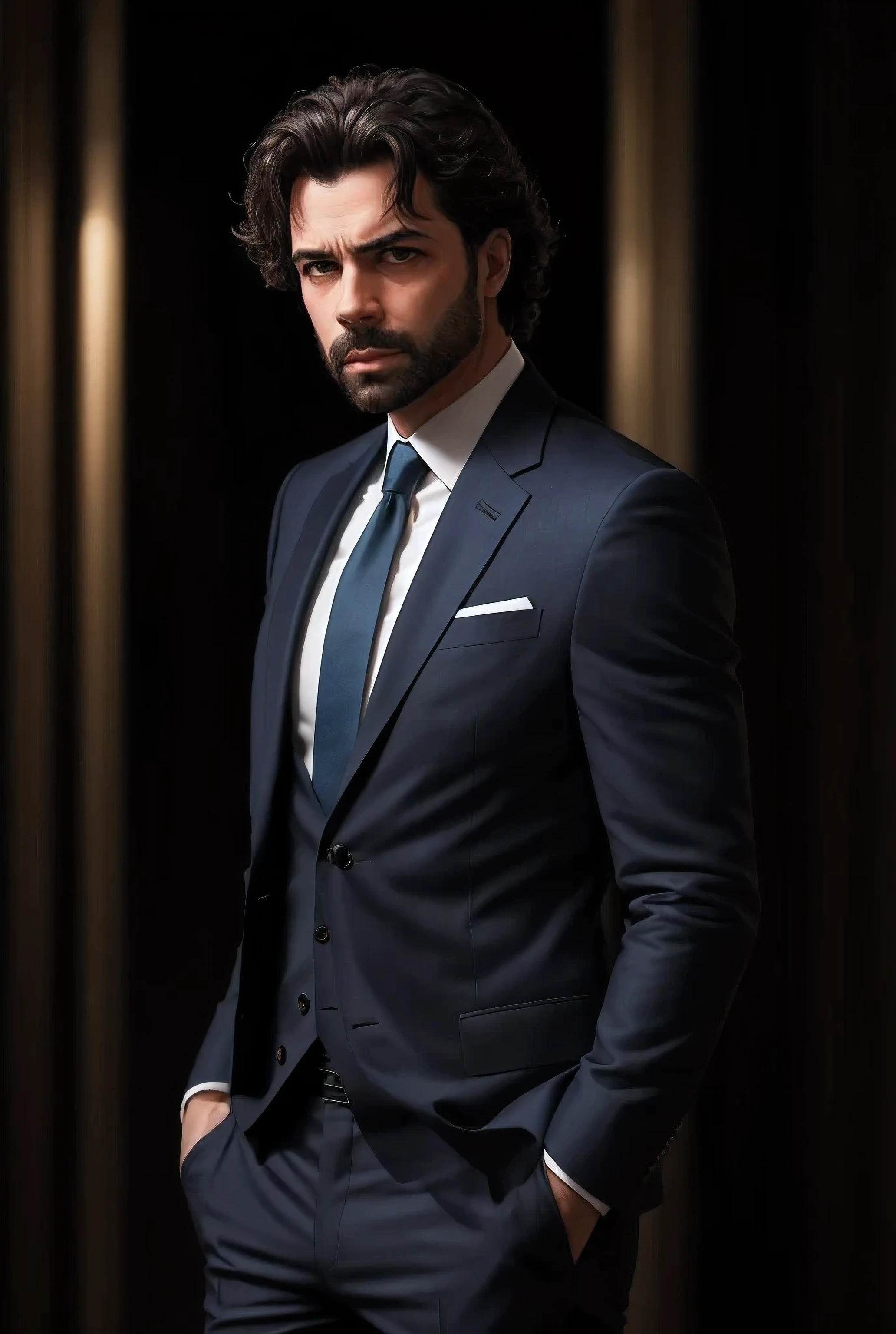 “Old man, solo, old individual, ultra-detailed, 8k, studio photography, vibrant expression, thick geay hair, sharp features, confident gaze, sleek blue dark suit, classic Hollywood style, salt-and-pepper hair, well-groomed beard, weathered yet striking features, tailored dark jacket, timeless charisma, dramatic studio lighting, minimalist background, glamour of Hollywood, contrast between youth and experience