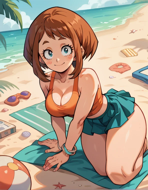 1 woman, Ochako Uraraka, my hero academia, short hair, big breasts,high resolution, masterpiece, anatomically correct, necessary, High details, Blue eyes, smiling, On the beach, beach skirt, thick thighs, big butt 