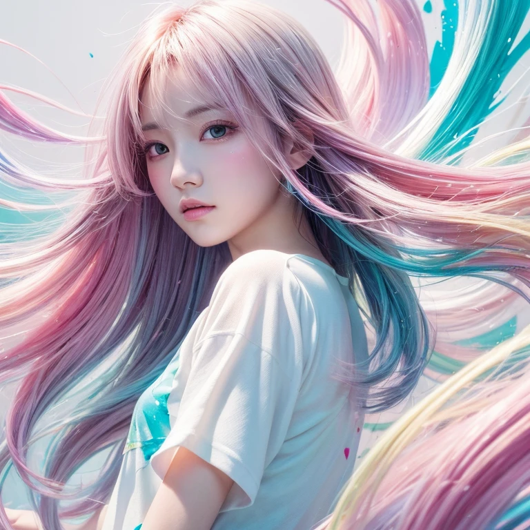 8k, RAW photo, realistic, photo-realistic, hyper-realistic, highest quality, best quality, masterpiece, highly detailed, absurdres,
masterpiece, best quality, (extremely detailed CG unity 8k wallpaper, masterpiece, best quality, ultra-detailed, best shadow), (detailed background), (beautiful detailed face, beautiful detailed eyes), High contrast, (best illumination), 1girl, Australian, multicoloured hair, beautiful, ((colourful paint splashes on transparent background, dulux)), ((caustic)), dynamic angle,beautiful detailed glow,full body, cowboy shot,
