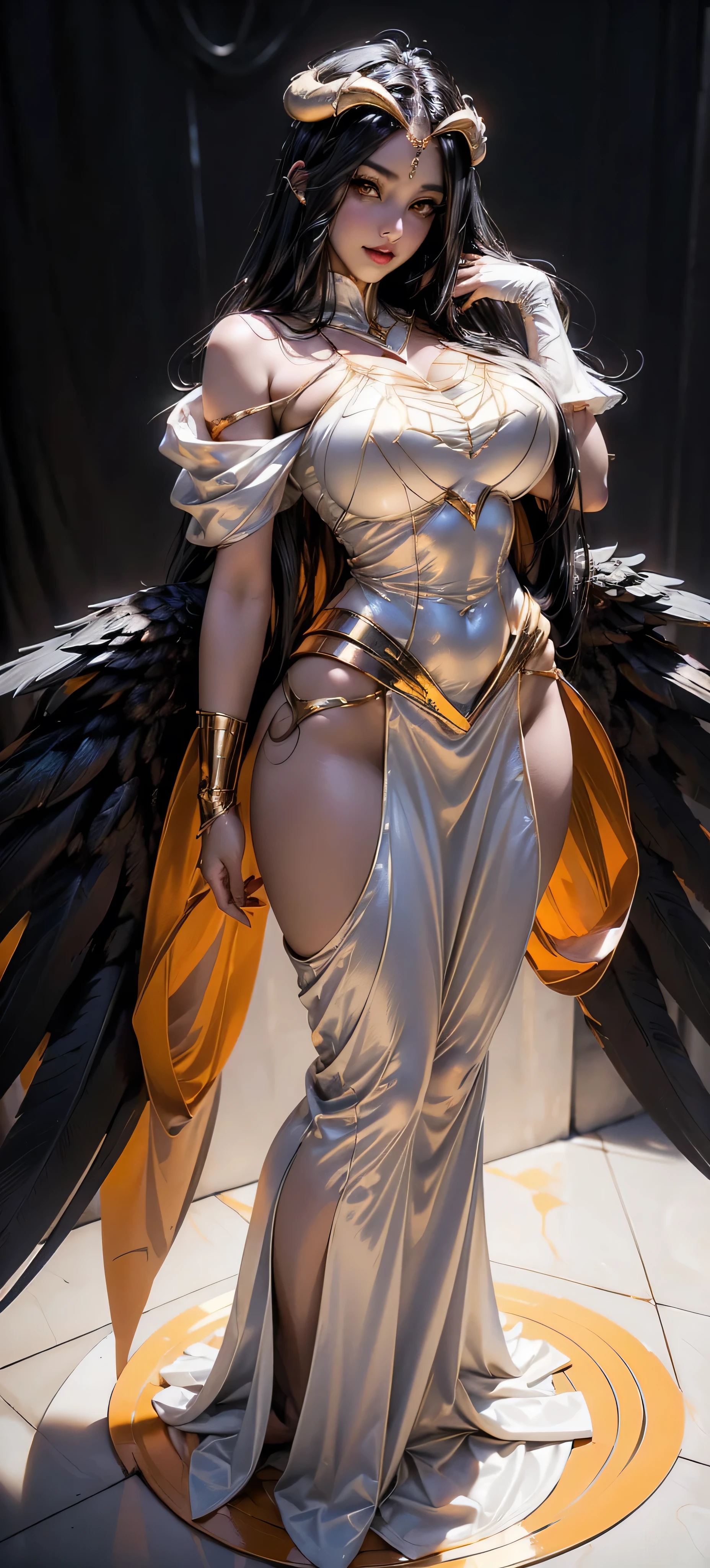 A (super realistic) beautiful sexy woman(albedo _overlord) with (glossy orange eyes(perfect sharpness & detailing) and white attire(detailed with perfect sharpness ) with gold jewellery on sexy breast, beautiful  breast(perfect shape and size), black long beautiful hair, hyper detailed black wings (every thing with best detailing), best pose while standing straight with seducing smile on face in middle.