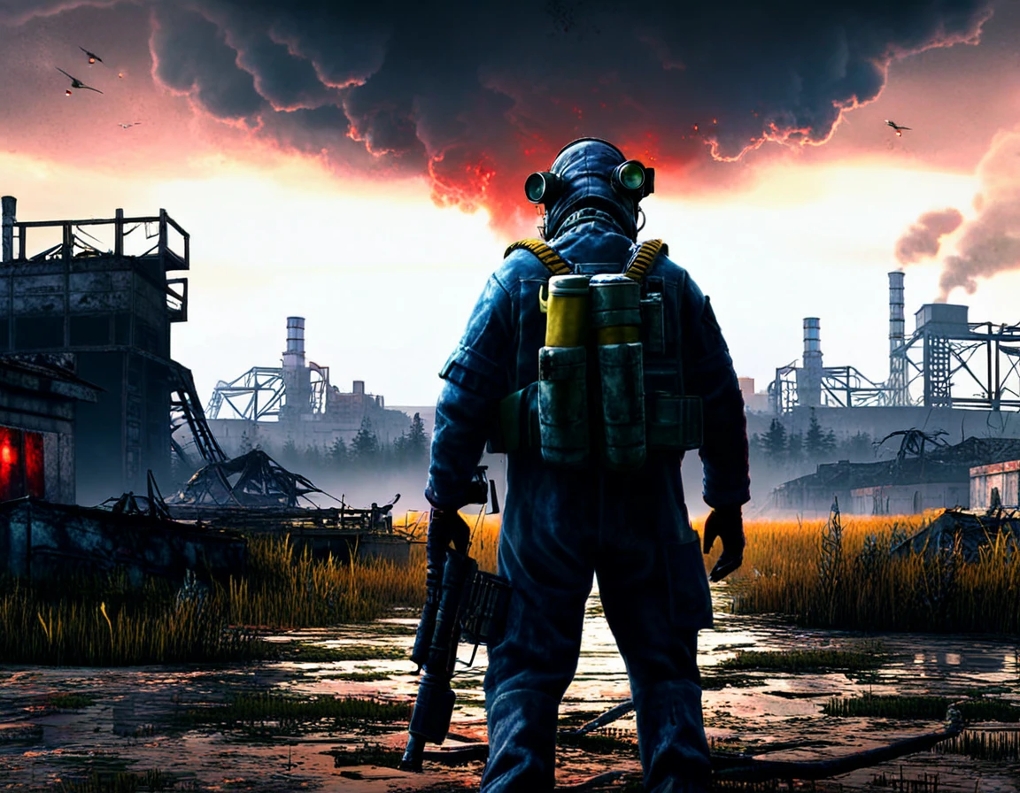 A photorealistic depiction of the main character from the game S.T.A.L.K.E.R. Shadow of Chernobyl, as if these events took place in real life. The setting is a post-apocalyptic Chernobyl near the fourth power unit of the Chernobyl Nuclear Power Plant. The sky is filled with dark gray heavy clouds, and on the horizon, a bright dark scarlet light glows with a dark red-violet flare. The atmosphere is eerie, desolate, and foreboding, capturing the post-apocalyptic world of S.T.A.L.K.E.R. with cinematic detail and realism. The landscape shows decay, radioactive zones, and the lone Stalker in full protective gear, standing in the center of the scene. The image is extremely detailed, with high texture smoothing and photorealistic elements, depicting the gritty, somber tone of the world