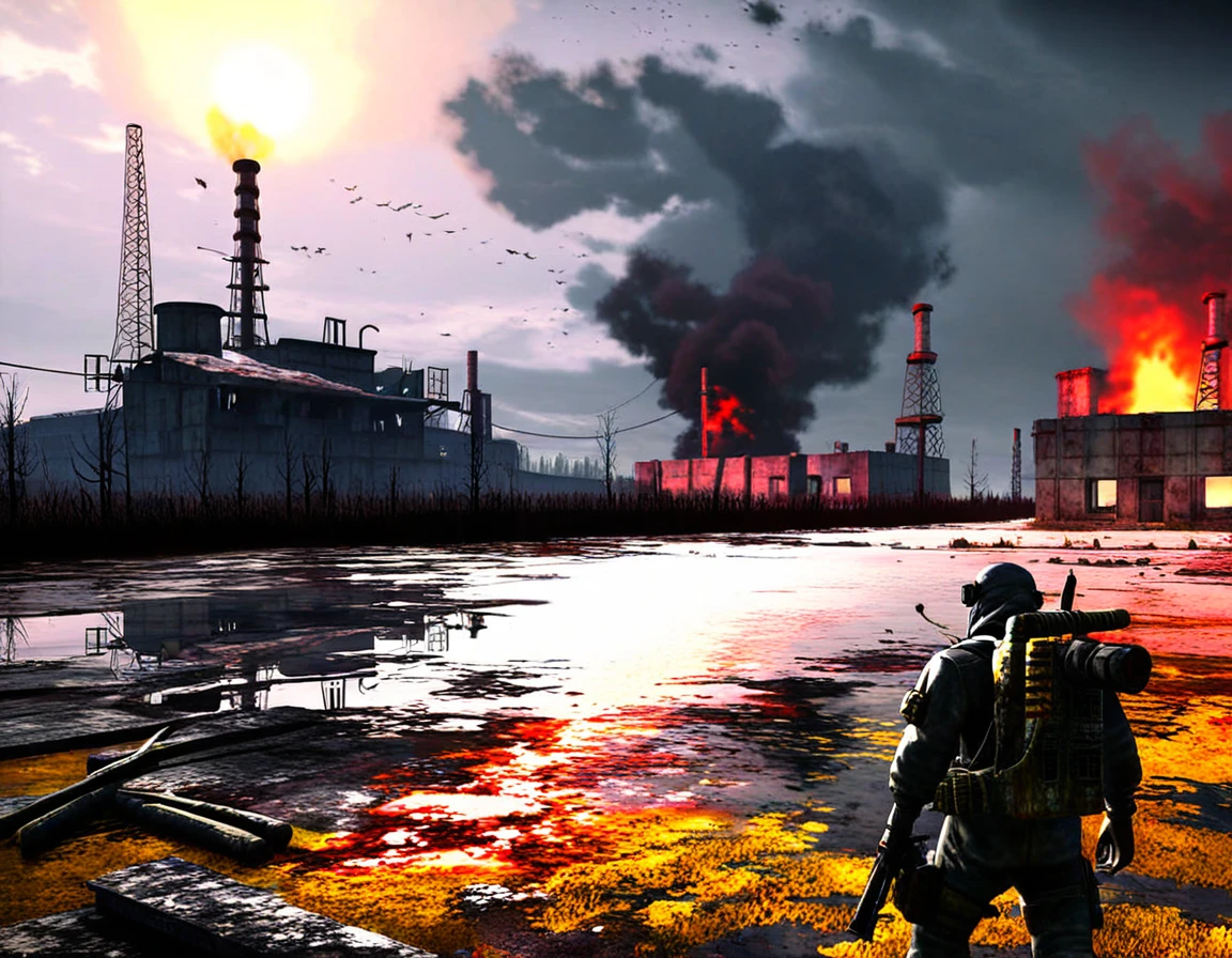 A photorealistic depiction of the main character from the game S.T.A.L.K.E.R. Shadow of Chernobyl, as if these events took place in real life. The setting is a post-apocalyptic Chernobyl near the fourth power unit of the Chernobyl Nuclear Power Plant. The sky is filled with dark gray heavy clouds, and on the horizon, a bright dark scarlet light glows with a dark red-violet flare. The atmosphere is eerie, desolate, and foreboding, capturing the post-apocalyptic world of S.T.A.L.K.E.R. with cinematic detail and realism. The landscape shows decay, radioactive zones, and the lone Stalker in full protective gear, standing in the center of the scene. The image is extremely detailed, with high texture smoothing and photorealistic elements, depicting the gritty, somber tone of the world