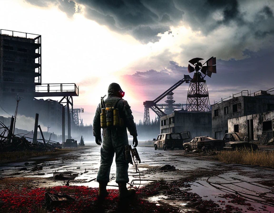 A photorealistic depiction of the main character from the game S.T.A.L.K.E.R. Shadow of Chernobyl, as if these events took place in real life. The setting is a post-apocalyptic Chernobyl near the fourth power unit of the Chernobyl Nuclear Power Plant. The sky is filled with dark gray heavy clouds, and on the horizon, a bright dark scarlet light glows with a dark red-violet flare. The atmosphere is eerie, desolate, and foreboding, capturing the post-apocalyptic world of S.T.A.L.K.E.R. with cinematic detail and realism. The landscape shows decay, radioactive zones, and the lone Stalker in full protective gear, standing in the center of the scene. The image is extremely detailed, with high texture smoothing and photorealistic elements, depicting the gritty, somber tone of the world