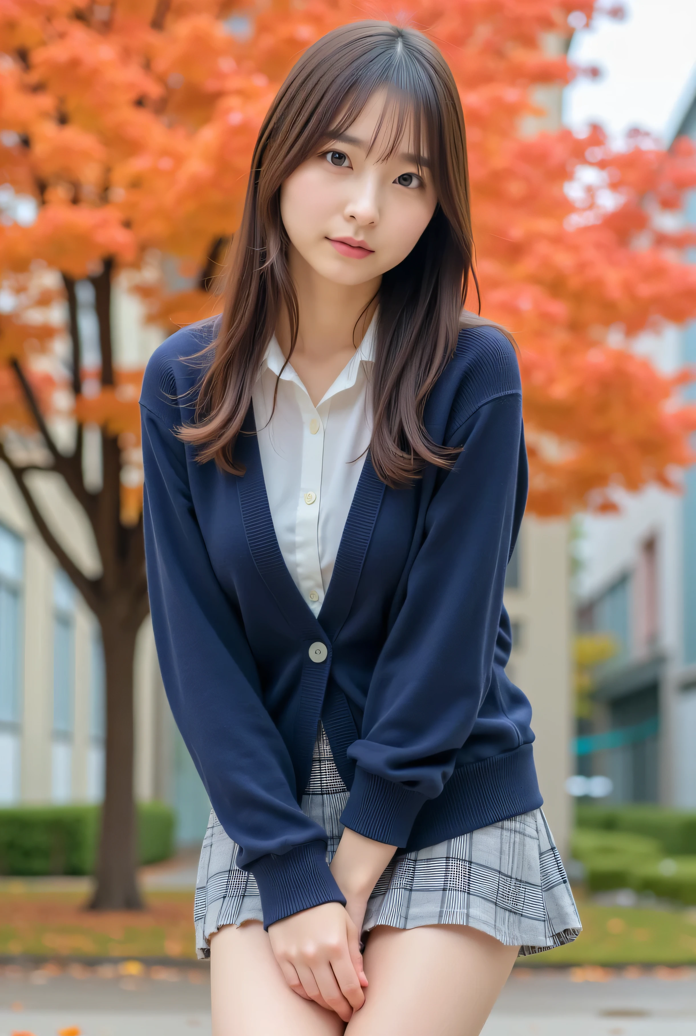 (Realistic:1.3, Photo-realistic:1.5, RAW photo, model photo), Magazine cover photo, she is Japanese fresh fashion model, The perfect figure that everyone aspires to, (small smile:1.1), symmetrical eyes, Light Brown eyes, Double eyelids, Thin eyebrows, Thin lips, Glossy lips, fair skin, Thin legs, Thin feet, (super Detailed skin:1.2), firm skin, (realistic skin:1.2),  (super Detailed eyes:1.2), (cute makeup:1.5), (cute face:1.3), 
BREAK,  
(1girl, solo:1.3, 20yo:1.3), ((F-cup breasts:1.3)), (firm breast, nicely shaped breasts), ((half-up hairstyle:1.5, long hair:1.3)), side swept bangs, 
BREAK, 
(high-school uniform:1.3), (check pleated miniskirt (color : Gray)):1.2, (white button shirt, school cardigan (color : Navy)):1.3, (long sleeves), school-bag, bare-legs, bare-thighs, 
BREAK,  
((standing leaning forward with one knee drawn up:1.3)), (Autumn atmosphere:1.3, (In Under the large ginkgo tree in the school's courtyard, which was beautifully colored in Orange):1.2), 
(((Full body shot:1.5))), (looking down:1.5), (from below:1.3), 