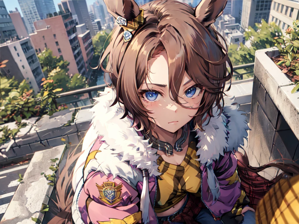 masterpiece, best quality, close up, face shot, running, city, narita taishin \(Uma Musume\), Uma Musume, animal_ears, horse_ears, hair_ornaments, closed mouth, serious, torn jeans, (asymmetrical clothes:1.2), belt, fur-trimmed jacket, pink jacket, jacket around waist, clothes around waist, midriff, long sleeves, tied shirt, open clothes, yellow shirt 、Busty、Big Breasts、Kneeling and leaning forward