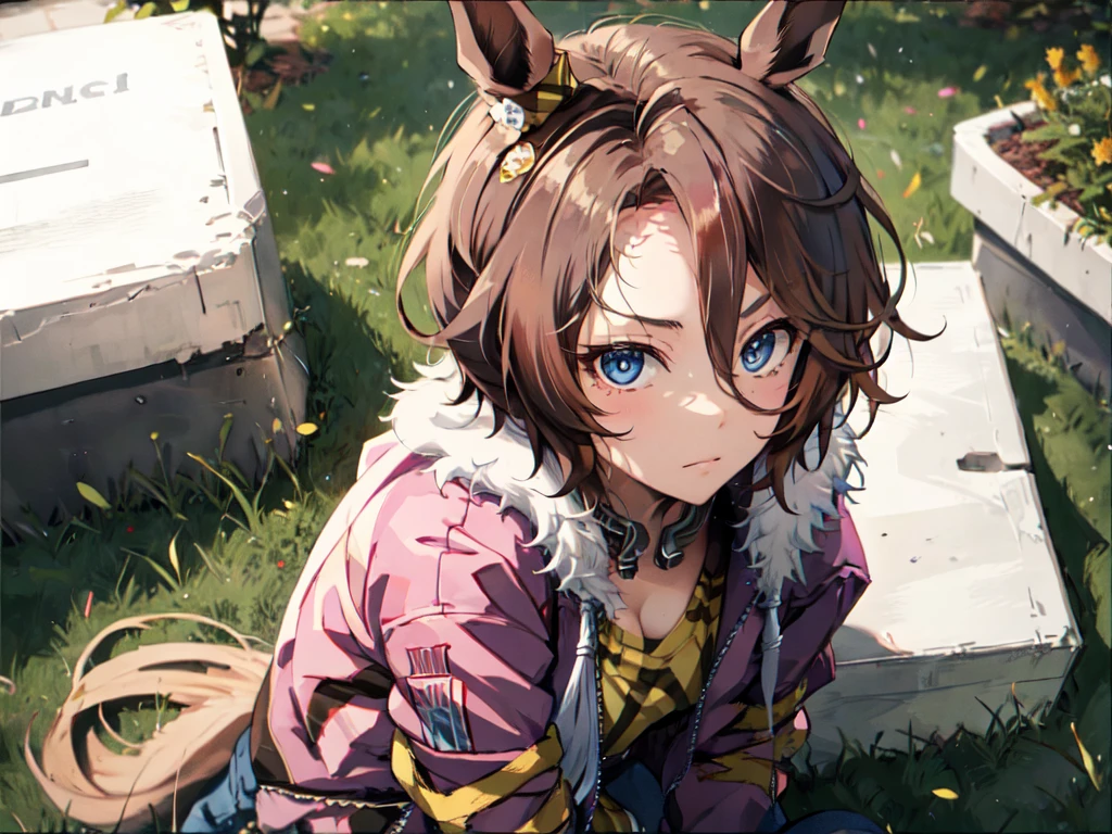 masterpiece, best quality, close up, face shot, running, city, narita taishin \(Uma Musume\), Uma Musume, animal_ears, horse_ears, hair_ornaments, closed mouth, serious, torn jeans, (asymmetrical clothes:1.2), belt, fur-trimmed jacket, pink jacket, jacket around waist, clothes around waist, midriff, long sleeves, tied shirt, open clothes, yellow shirt 、Busty、Big Breasts、Kneeling and leaning forward